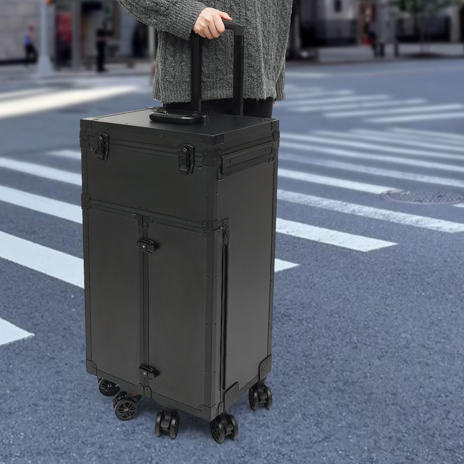 4-in-1 Kosmetikkoffer Trolley,Tragkraft 30kg,Trolley Groß Schminkkoffer mit 6 Rollen,Professionelle Kosmetik mit 4 SchubladenMultifunktional Koffer for Makeup Tattoo Nailart für Reise(schwarz)
