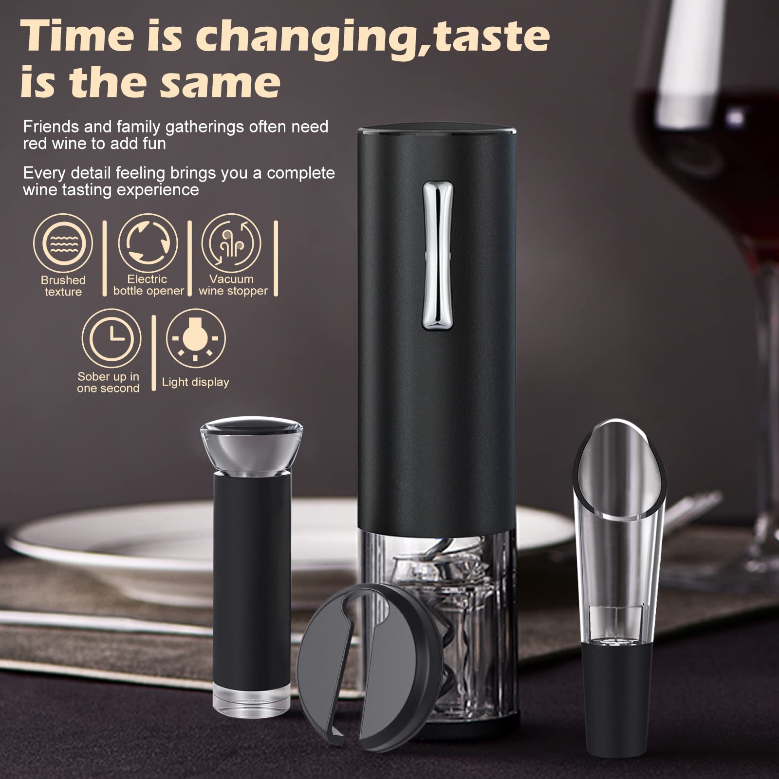 Anpro Cavatappi Elettrico con Supporto di Ricarica, Set da Vino in Alluminio Nero