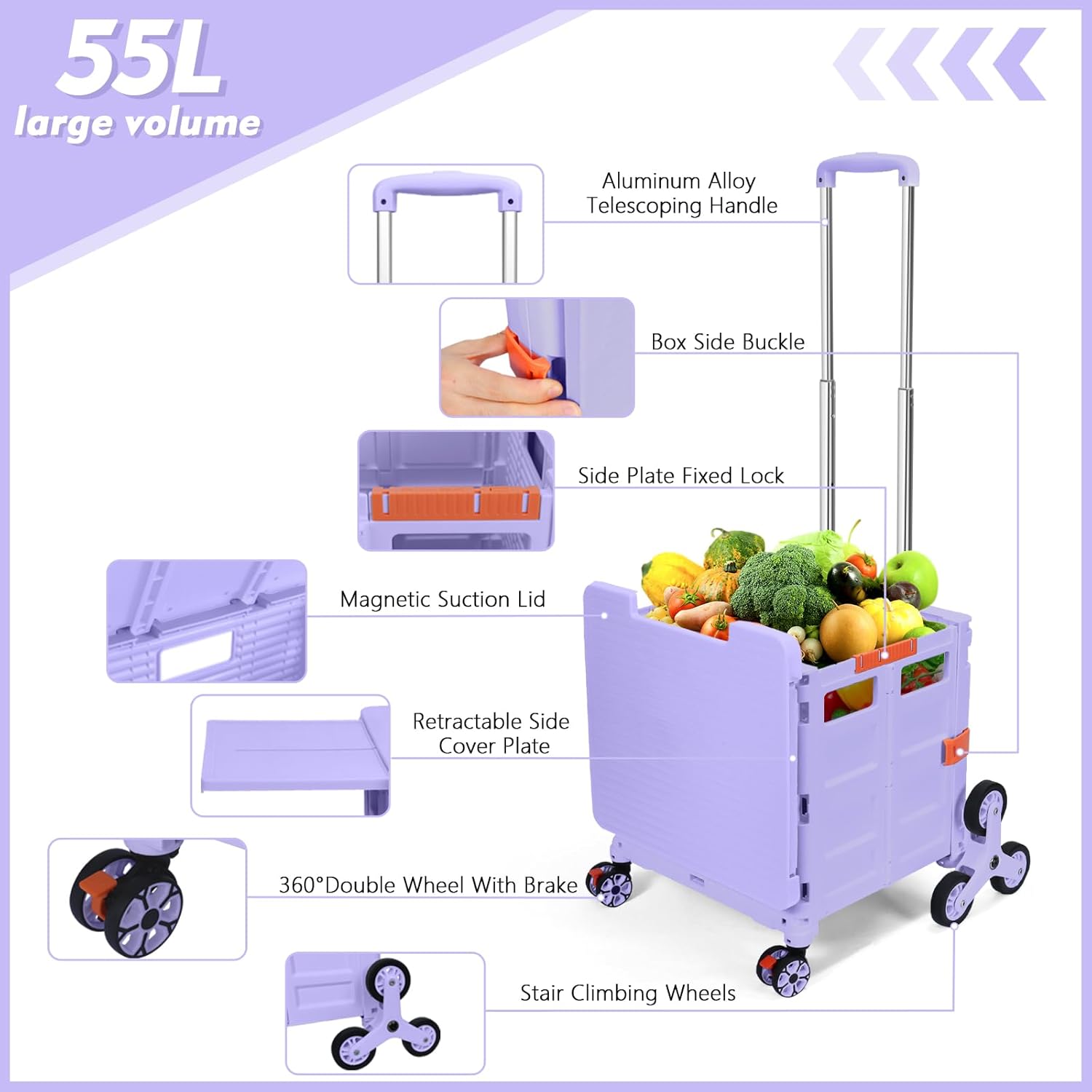 Foldable Utility Cart with Stair Climbing Wheels,Collapsible Rolling Crate with Magnetic Lid Telescopic Cover,Telescoping Handle,360° Rotate Wheel Hand Cart for teacher Shopping Moving Grocery(Purple)