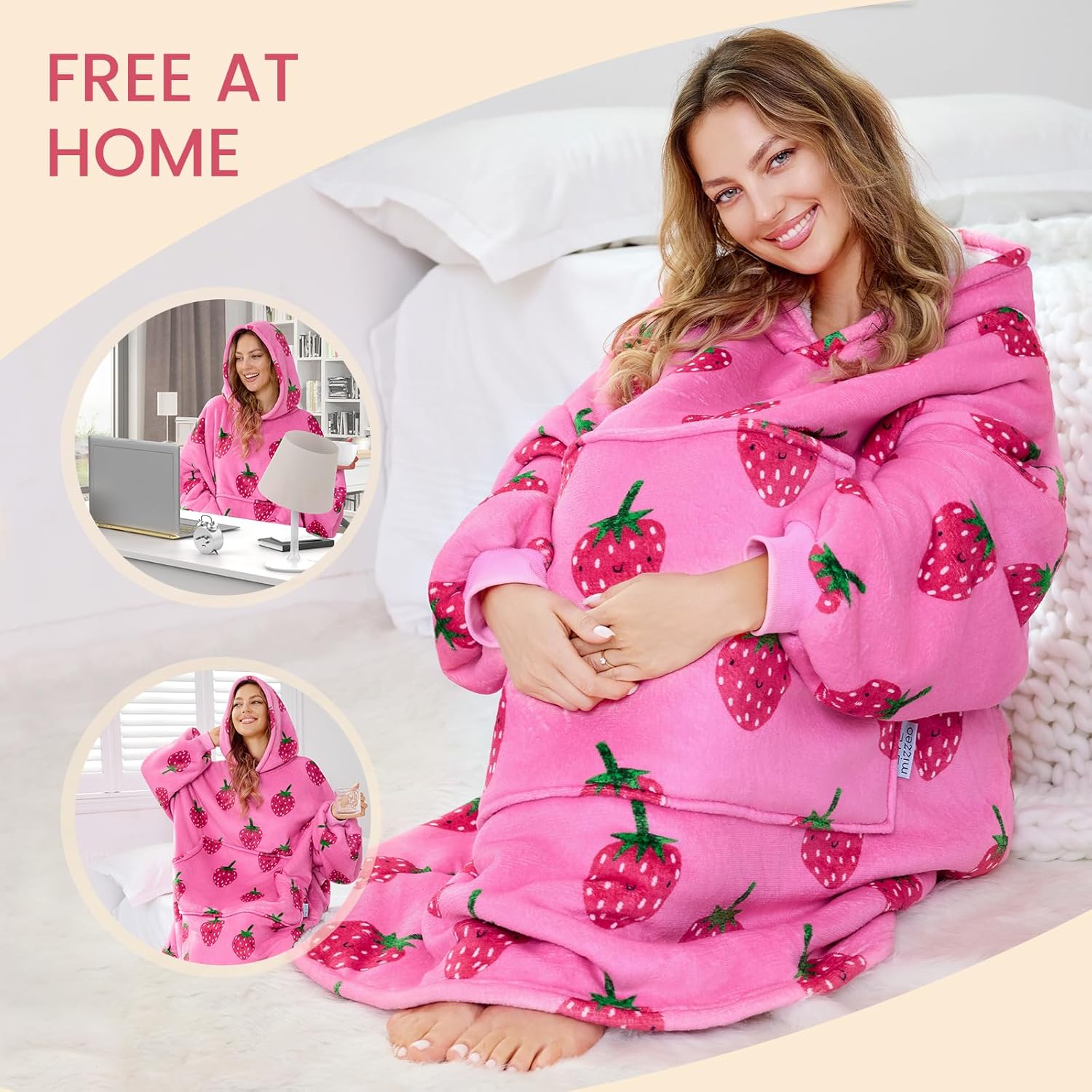 MIZZEO Microfiber Wearable Blanket, Oversized Light Wearable Blanket Hoodie for Adults, Cozy Soft Warm Plush Hooded Blanket Gifts for Women, One Size Fits All (Strawberry) - Image 4