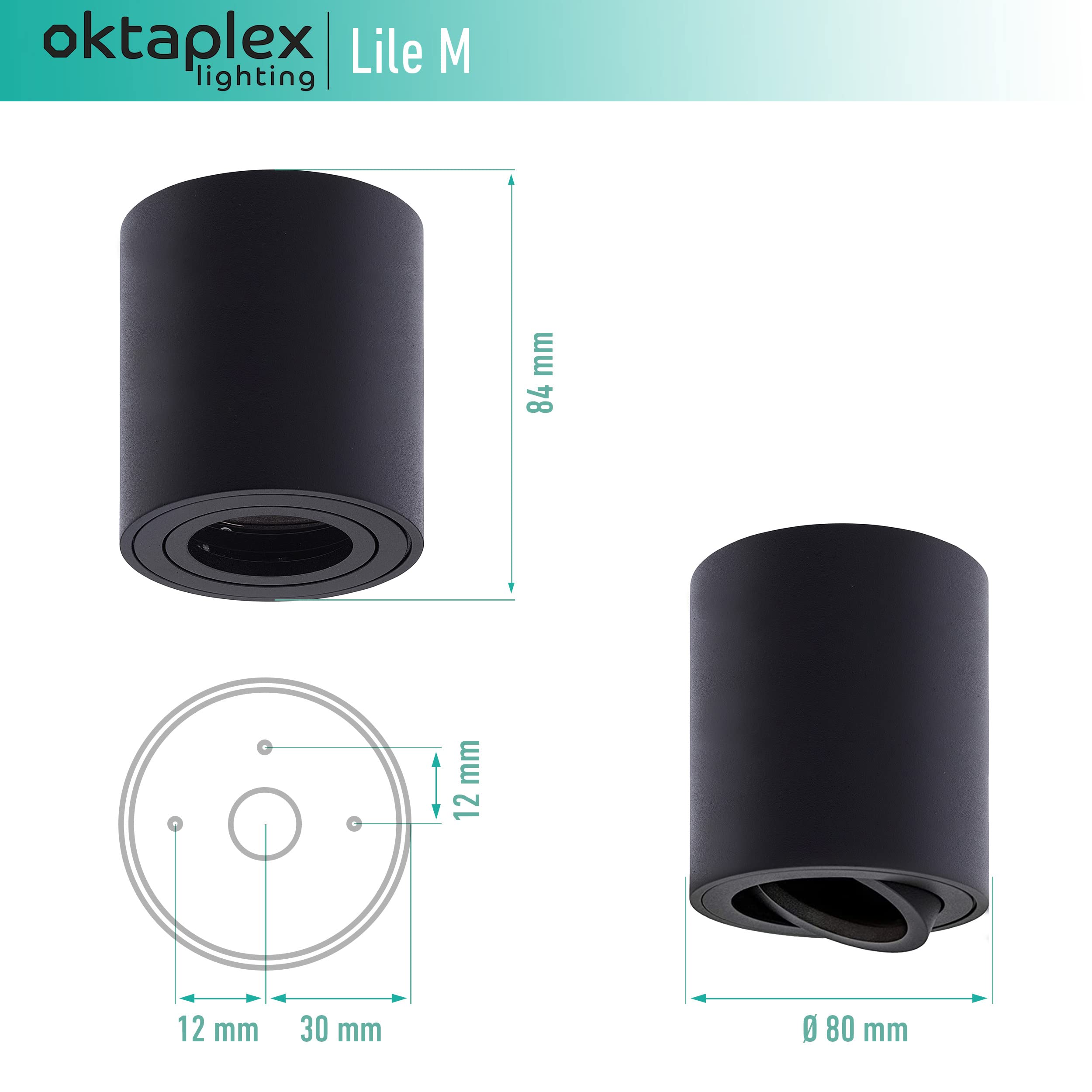 Oktaplex 12 sztuk reflektorów montażowych Lile M do GU 10 i modułów LED 230 V lampa montażowa aluminiowa okrągła LED reflektor do zabudowy czarny