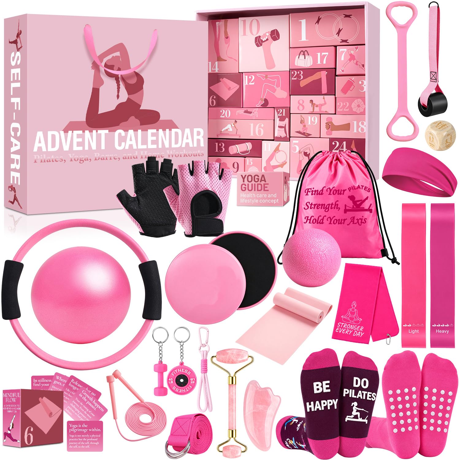 iZoeL Adventskalender Fitness 2026 Frauen,Yoga Pilates Weihnachts Countdown | 24 nützliche Yoga Pilates Set wie Pilates-Ring, Gymnastikball, Springseil, Zugband, Fitnessbänder usw
