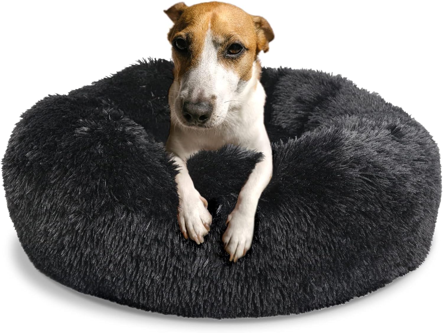 Round Dog Bed for Medium Dogs, Faux Fur Plush Bolster (30")