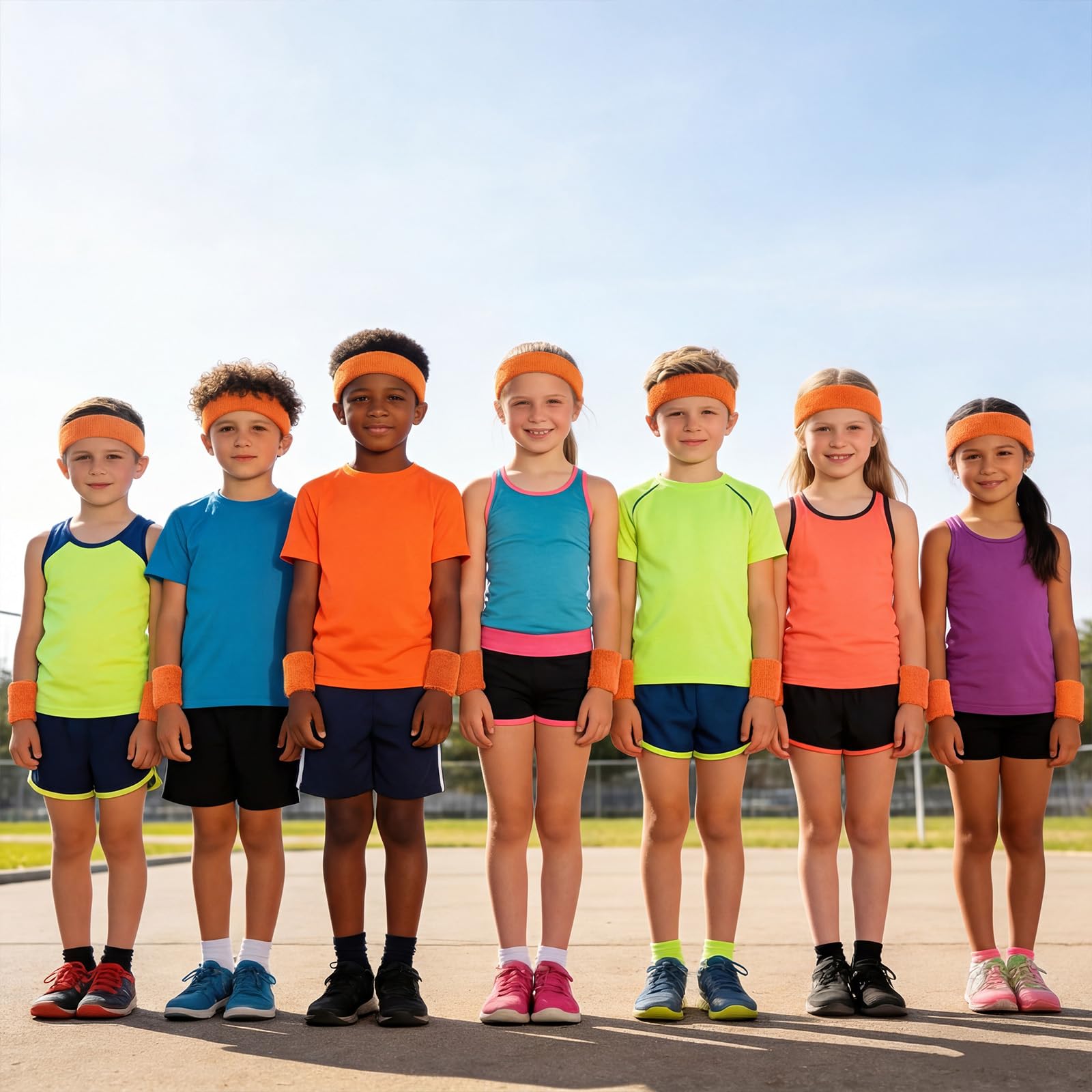 Bememo 72-teiliges Neonschweißbänder-Set für Kinder, 12 Stirnbänder, 24 Armbänder, Sport-Schweißbänder, athletisch für Kinder, Basketball, Tennis, Laufen, Fitnessstudio, Studenten, Geschenke