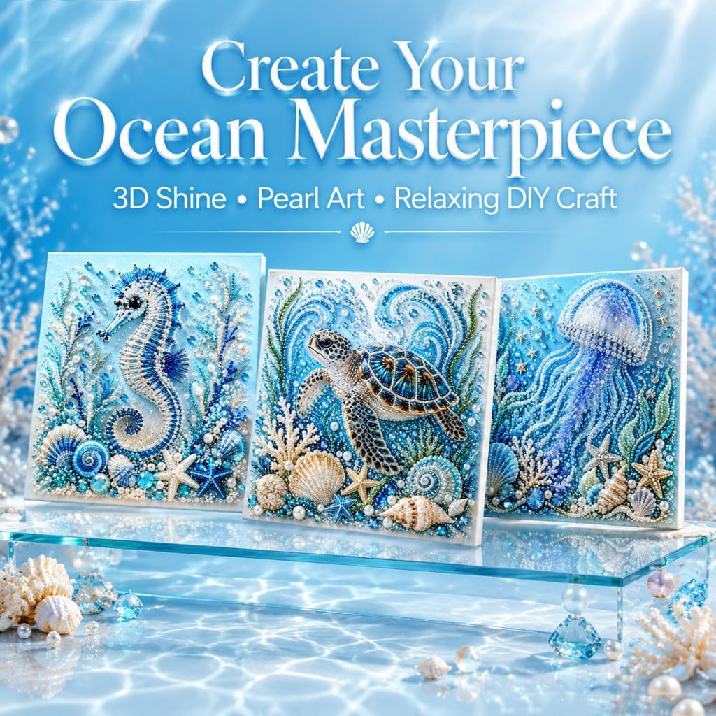RIHUALS Ocean Theme Pearl Art DIY Kit for Adults, 3D Diamond Painting Craft, Sparkling Coastal Decor Wall Art with Pearls & Rhinestones, Bead Dot Art Kits for Beginners DIY Gift (Sea​Turtle)