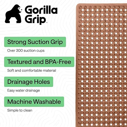 Vista 2 de GORILLA GRIP Alfombrilla para bañera patentada, lavable a máquina, con ventosas y orificios de drenaje para mantener las bañeras limpias, suave