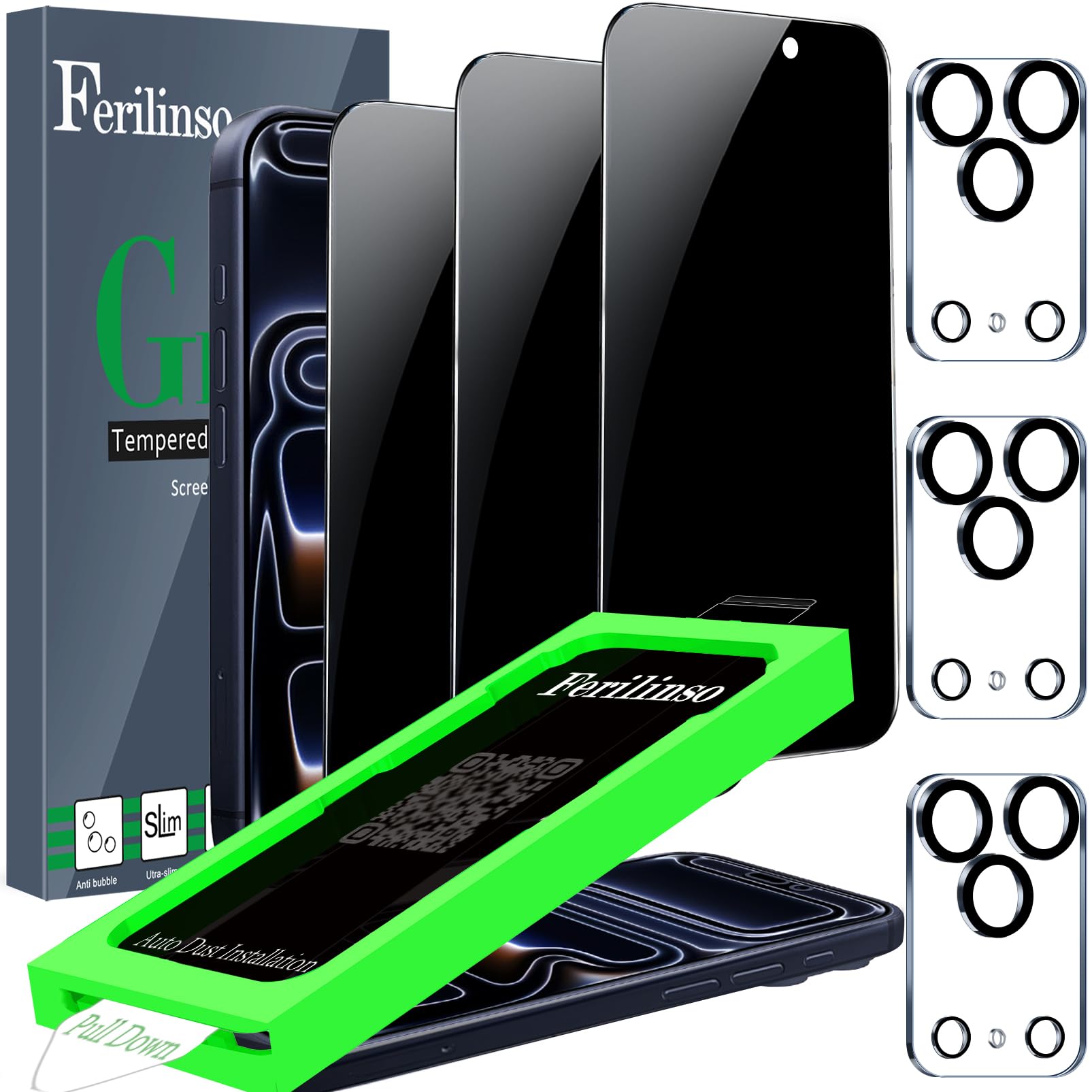 Photo 1 of Ferilinso 3 Pack Privacy Screen Protector for iPhone 17 Pro Max, 9H Military-Grade Shatterproof Tempered Glass, Dust Removal Tray, Dynamic Island Compatible, Case Friendly, Camera Lens Protectors