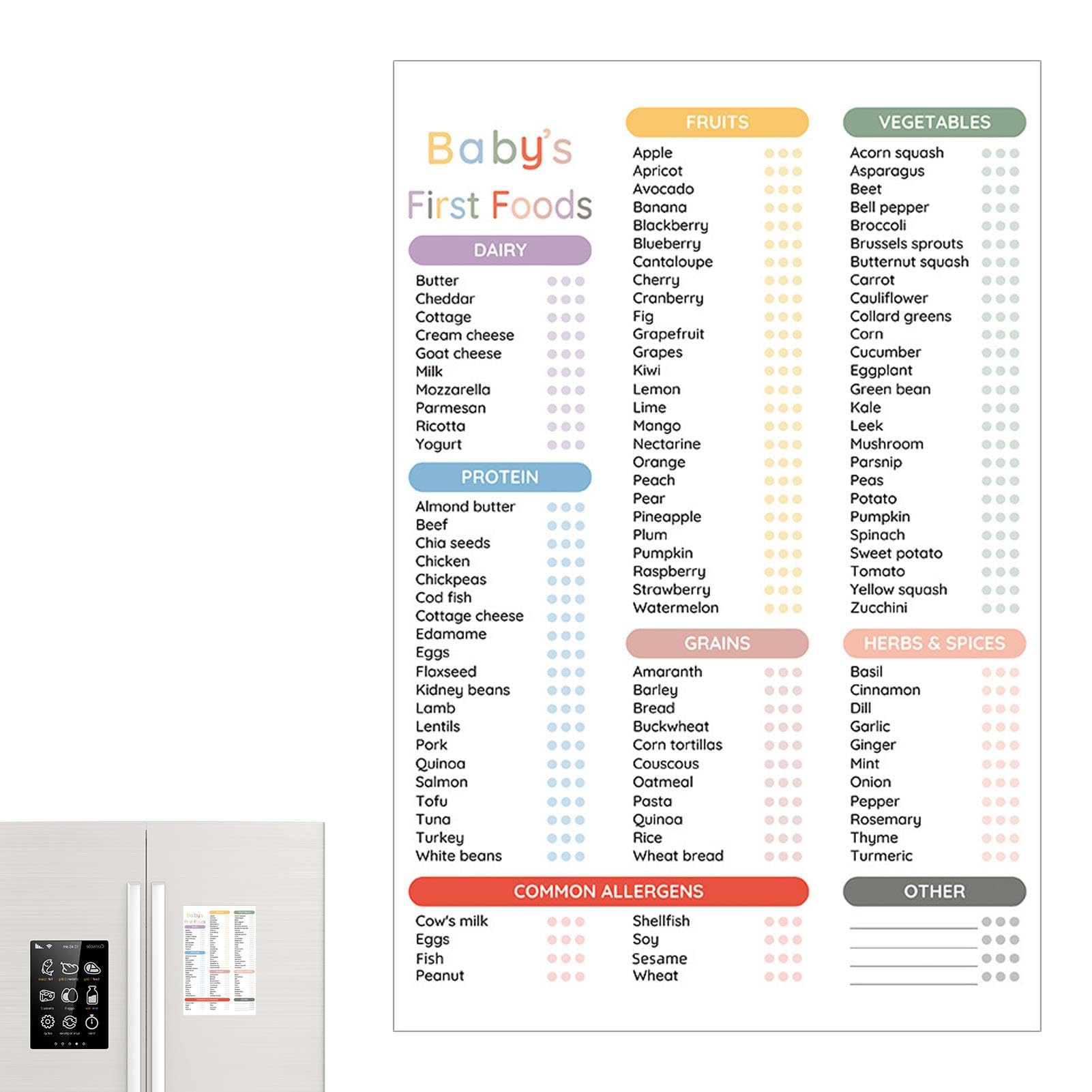 Pizarra magnética borrable de alimentos para bebés – 101 alimentos antes de 1 lista de comprobación