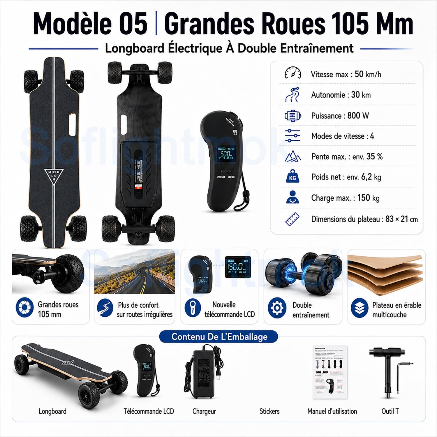 Skateboard Électrique Tout Terrain pour Adultes avec Télécommande LCD, Roues 105mm Grandes pour Campus et Balades Urbaines, Longboard Électrique Portable et Confortable, Double Moteur Stabilité