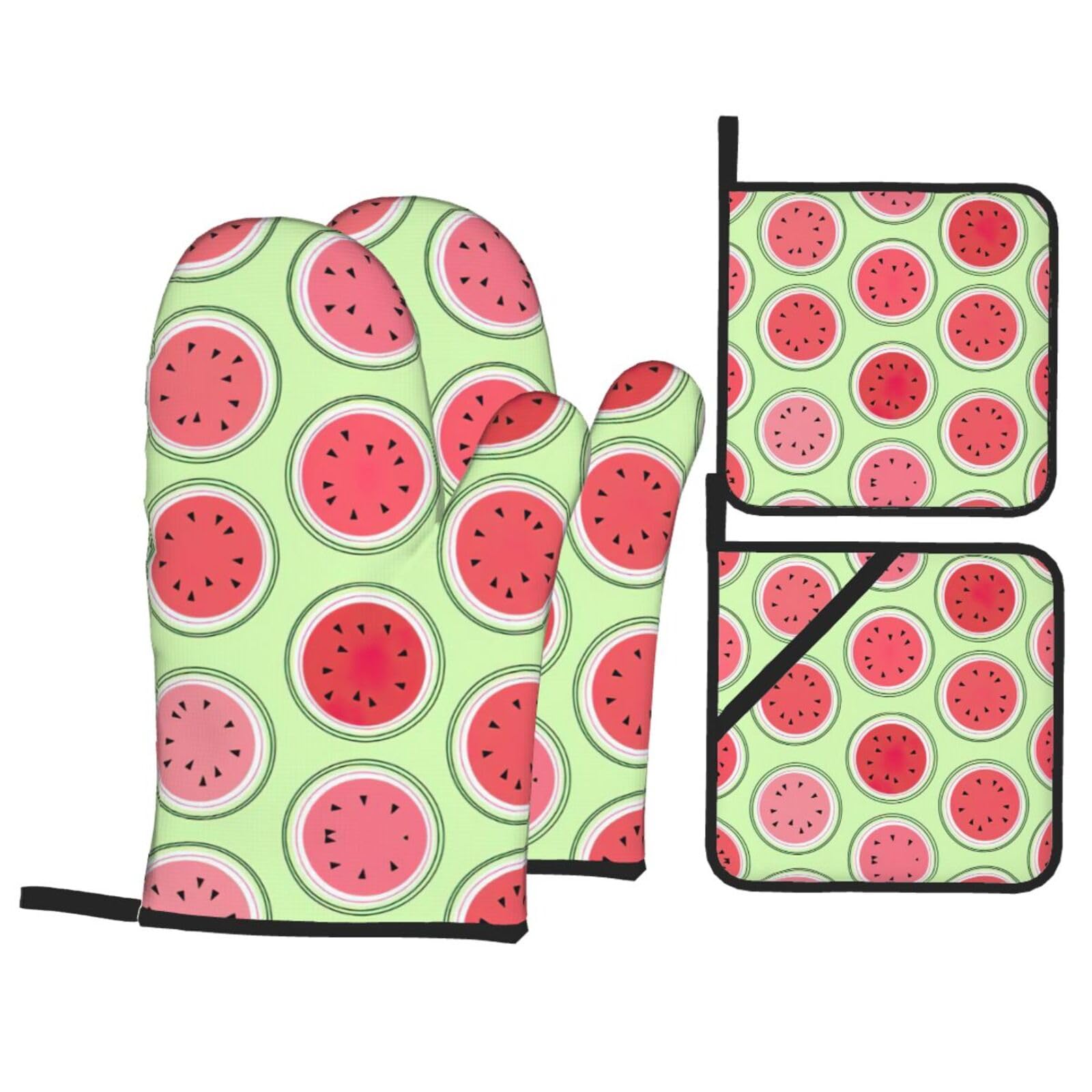 Watermelon Green Print Stylish 4-Piece Microwaving Oven Waterproof Kitchen Gloves Baking Holiday Cooking