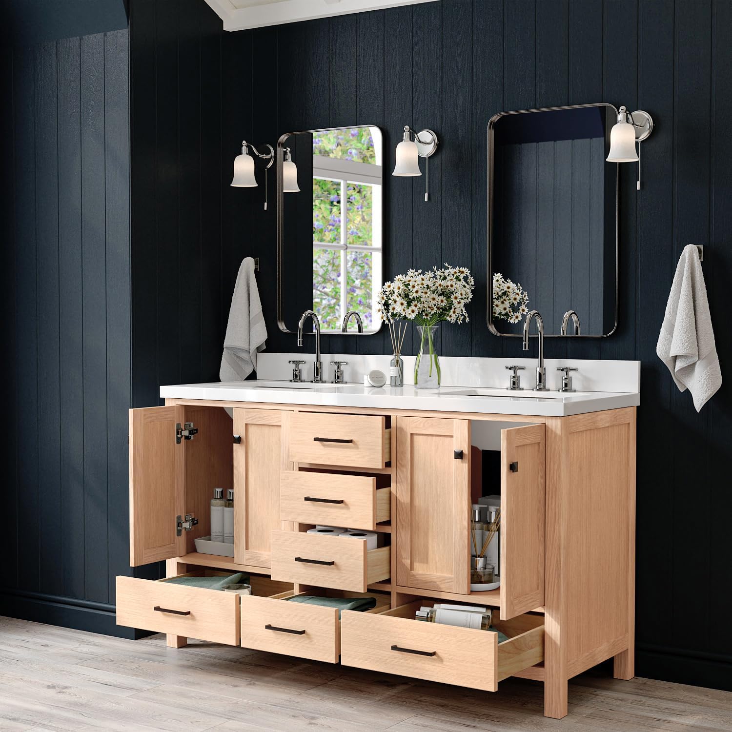 ARIEL Cambridge 60-inch Bathroom Vanity with Sink,Solid Wood, 1.5-inch Pure White Quartz Countertop, Double Rectangular Porcelain Sink, 4 Soft Closing Doors, 6 Dovetail Drawers, White Oak