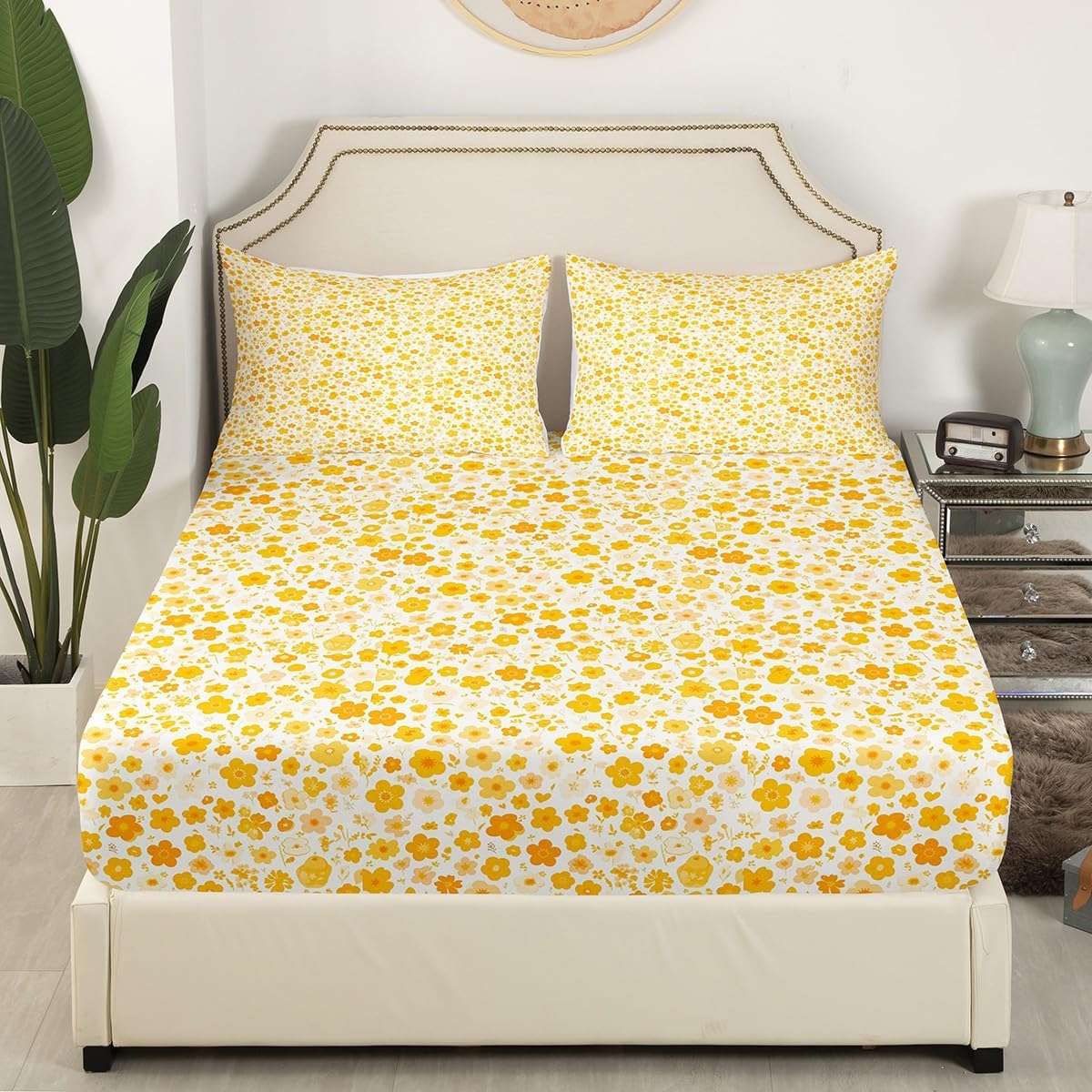 Cartoon Flowers Kids Fitted Sheet Full Size,Cute Groovy Daisy Flowers Boho Bedding Set,Boys Girls Room Decor,Wild Floral Rustic Farmhouse Bed Cover,Yellow Bed Sheet,2 Pillowcases