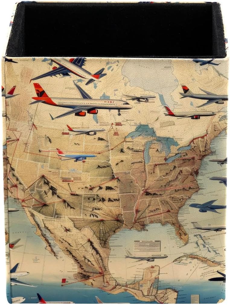 Airlines Fleet Map Pen Holder, PU Leather Pencil Holder for Desk