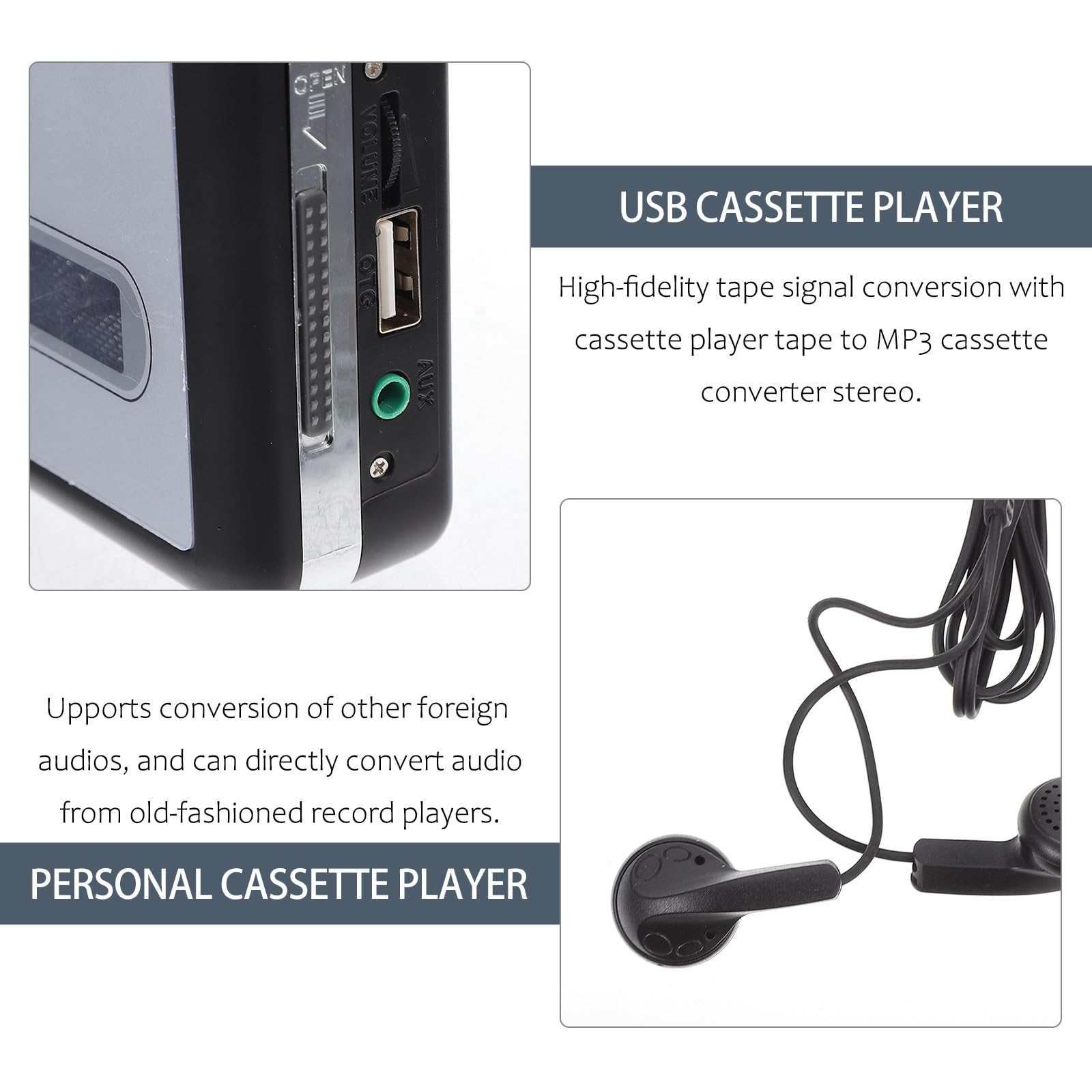 Convertitore da Cassetta USB Lettore Musicale Funzione Music Player e Plastico Argento senza Necessità di Installare Software, Alimentato da 2 Batterie Aa