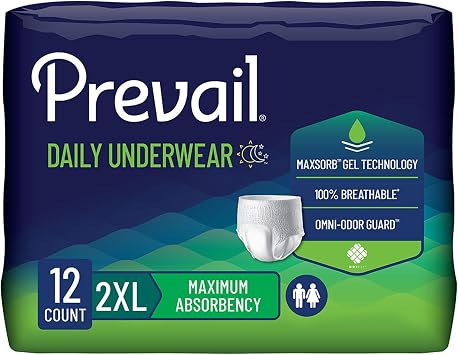 Prevail Daily Protective Underwear, Unisex Disposable Adult Diaper for Men & Women, Maximum Absorbency, XX-Large, 12 Count Bag | Prevail Daily Unisex Underwear Maximum Disposable Incontinence Underwear Pull On with Tear Away Seams 2X-L