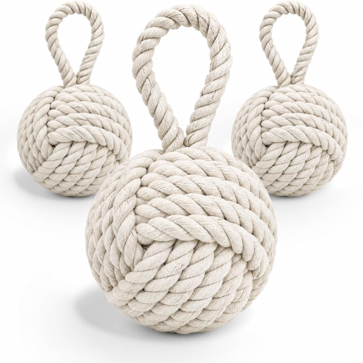 3 Pcs Rope Knot Door Stop, Weighted Nautical Door Stopper with Handle, Heavy Round Rope Ball Doorstop for Bedroom Living Room Window Wedge Bookend, Ivory