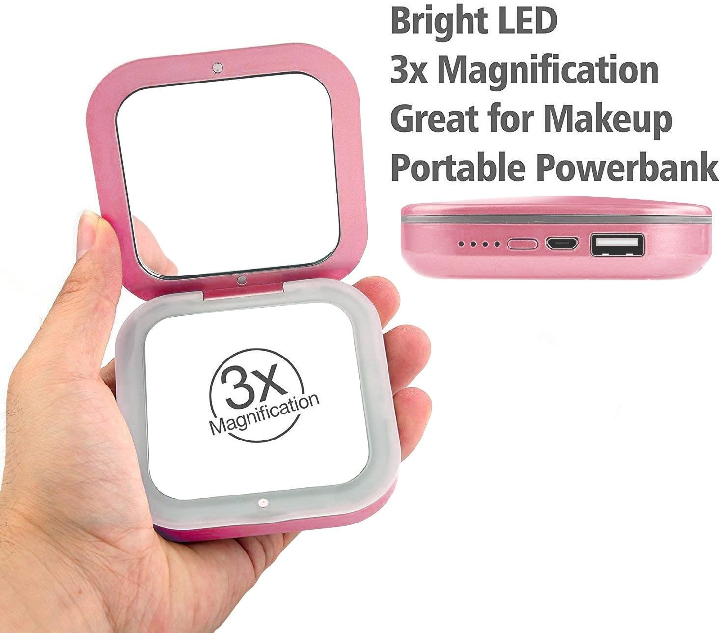 Compact Mirrors Power Bank 3X Magnifying Built-in LED Light Travel Face Beauty Makeup Slim USB Charger External 4000mAh Battery Purses Handbag Mini for Ladies Girls Auto Off VIIKING Pink