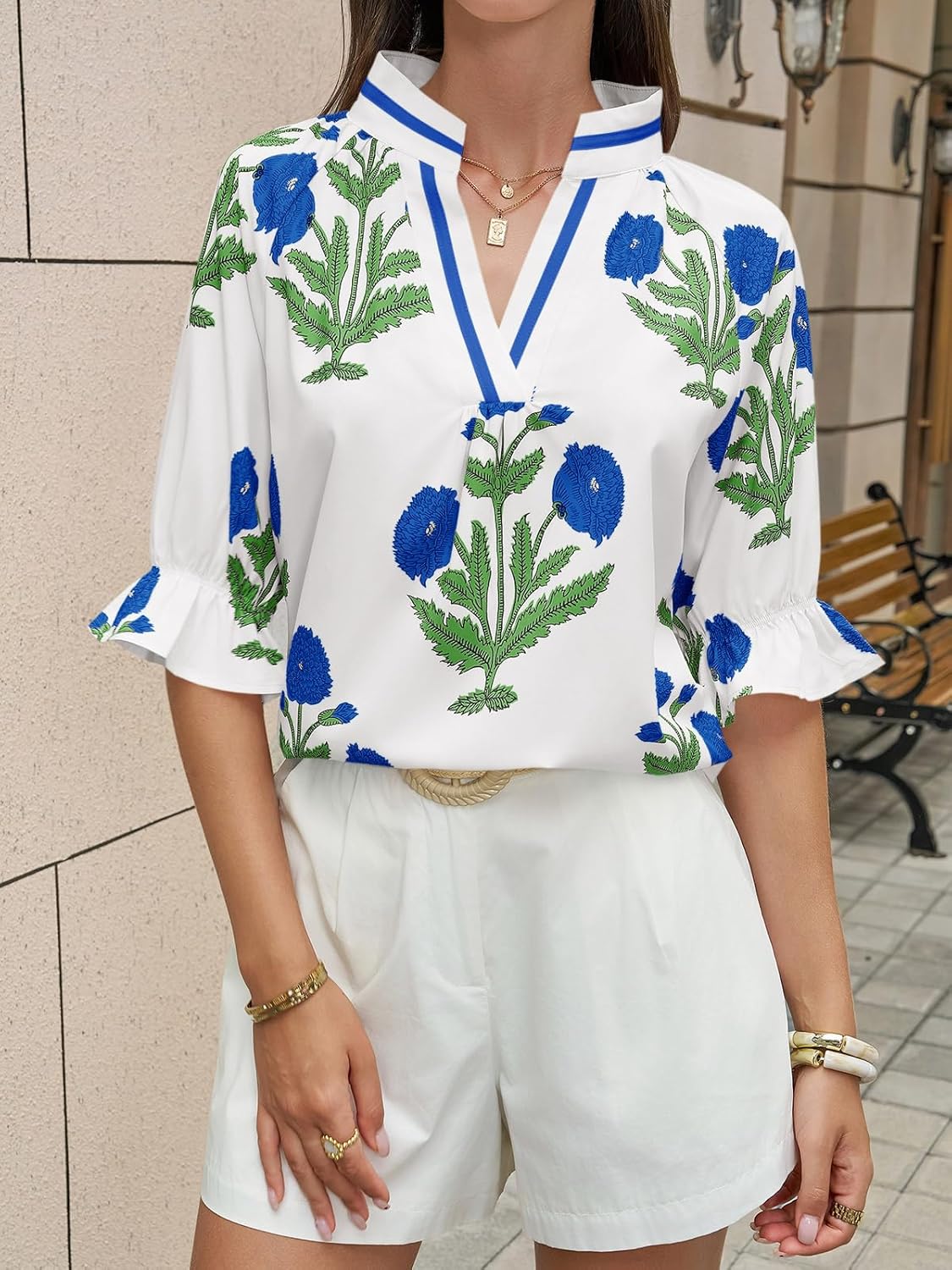 Cicy Bell Womens Boho Floral Blouses Puff Ruffle Sleeve V Neck Summer Shirts Dressy Casual Flowy Blouse Tops - Image 3