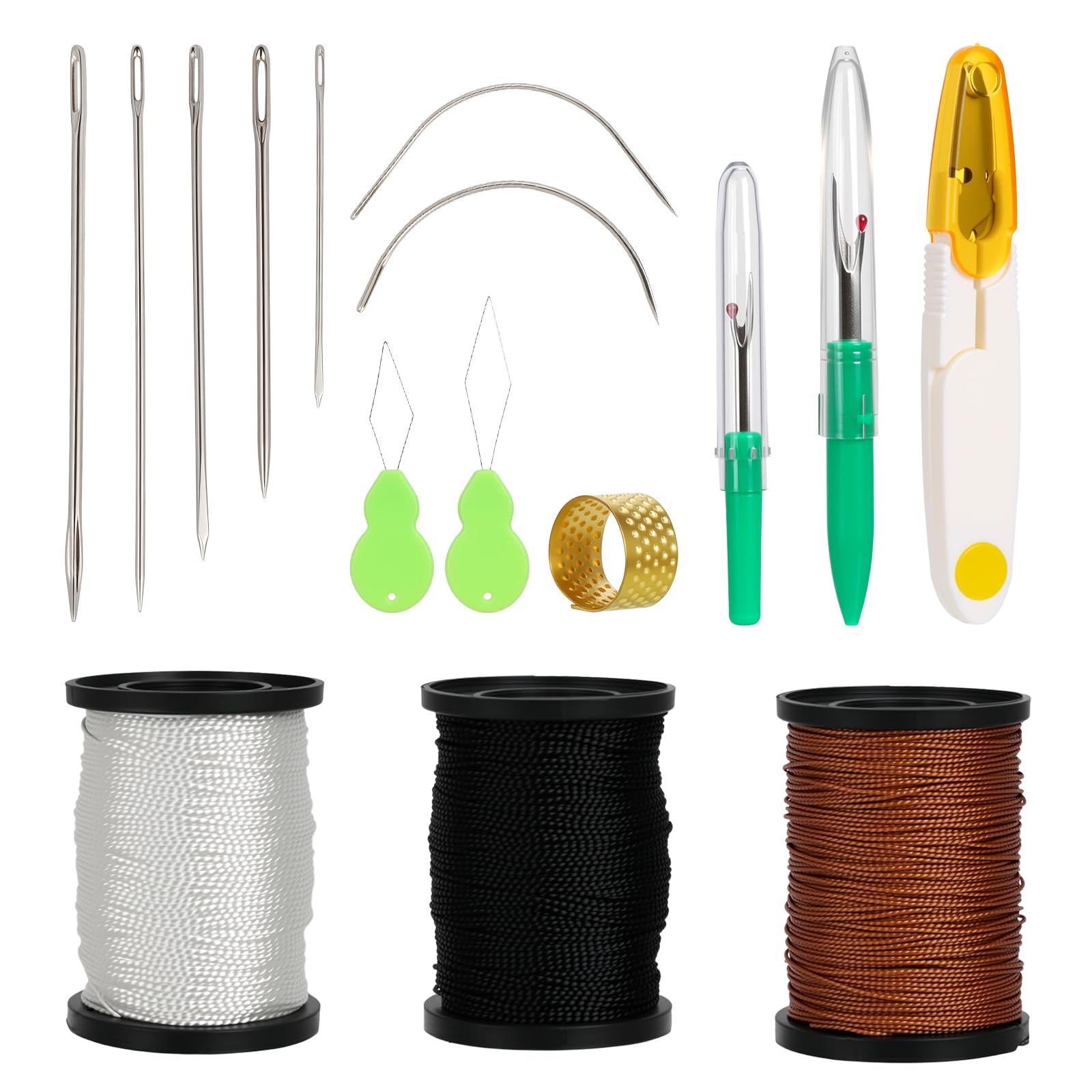24 Stück Ledernadel Set Leder Nähset mit Ledergarn Polsternadel Einfädelhilfe Nadel Fingerhut Nähzeug Ledernähset für DIY Handwerk Reparaturen Nähahle Handnähen