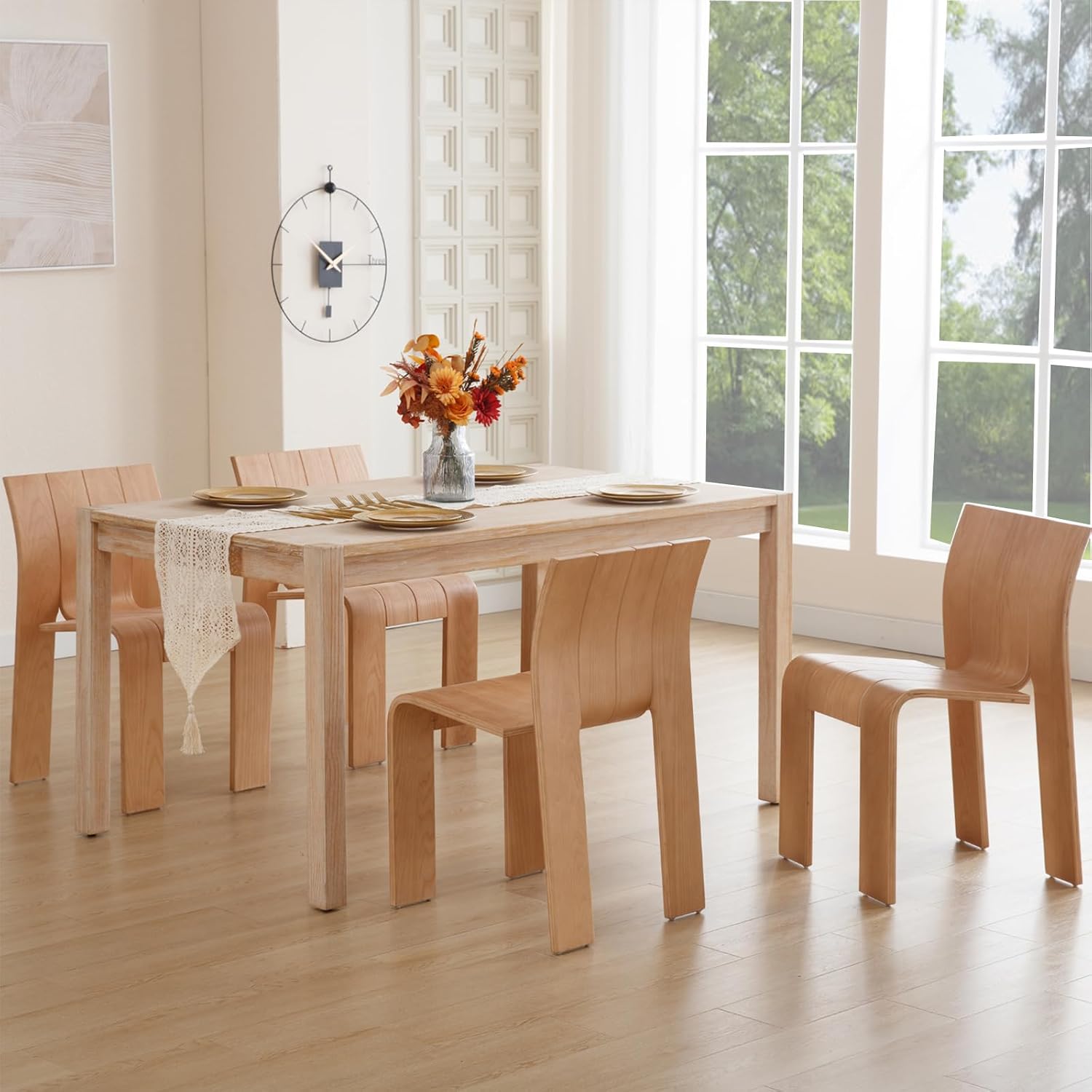 Natural Wood Dining Chairs Set of 4, Modern Farmhouse Armless Ergonomic Chair with Wooden Back & Legs, Stackable Dining Room & Kitchen Chairs for Dinner Office Restaurant Café Small Space