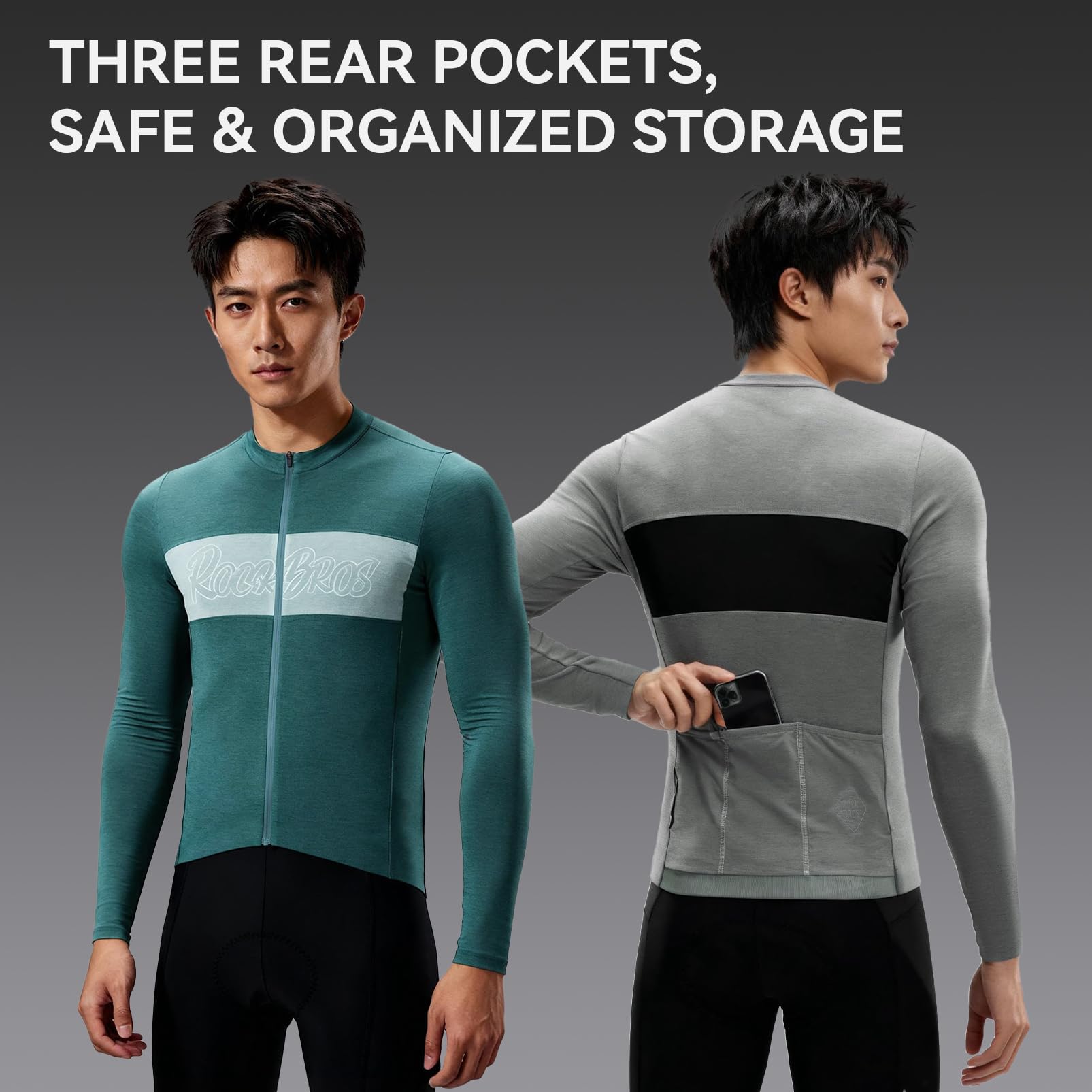 ROCKBROS Winter-Radtrikot für Herren, langärmelig, Thermo-Tencel & Merinowolle, Fahrradtrikot mit 3 Taschen, weich und atmungsaktiv