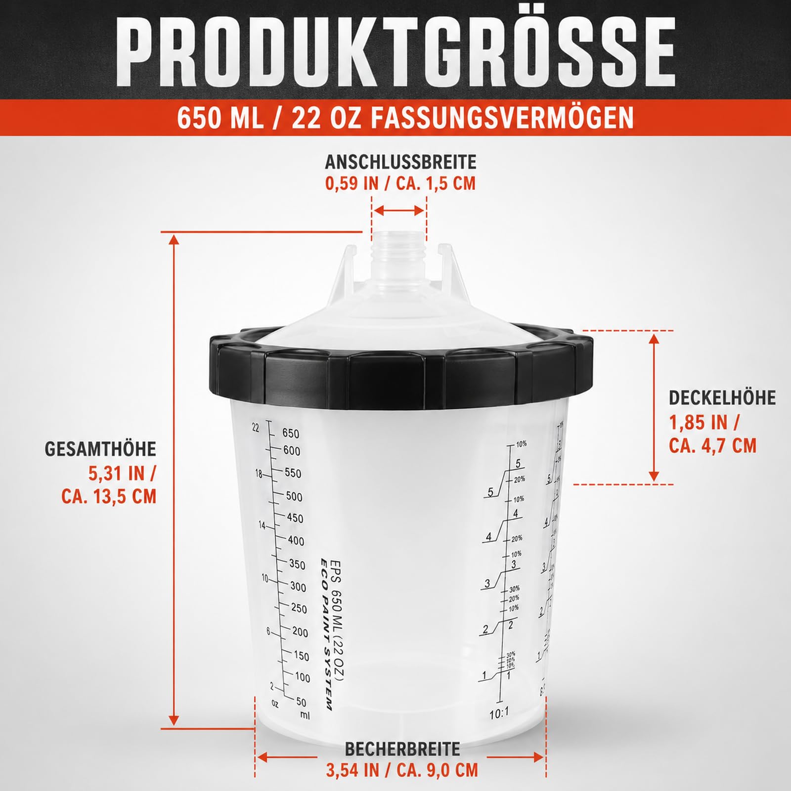 Lackierbecher Set 650 ml, 45 Einwegbecher für HVLP-Lackierpistolen | Enthält 45 Filterdeckel mit 125-μm-Filter, 20 Stopfen und 1 Hartbecher zum Mischen, Filtern, Sprühen und Aufbewahren
