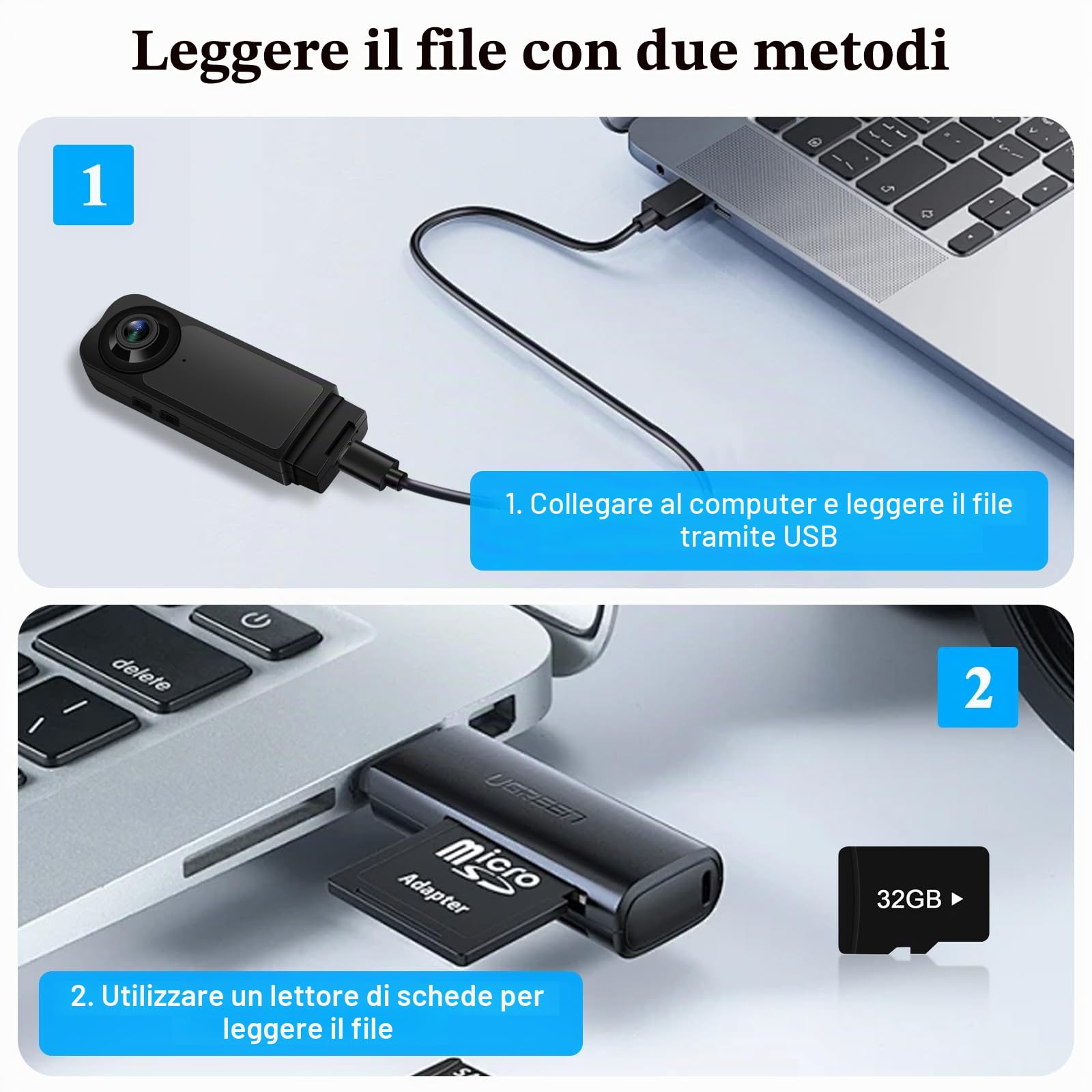 Bodycam HD 1080P , Piccola Telecamera Spia , Bodycam con Audio e Video Mini Fotocamera per il Corpo con Visione Notturna e Rilevamento del Movimento Per Sicurezza, Guardia ( con Memoria da 32 GB)