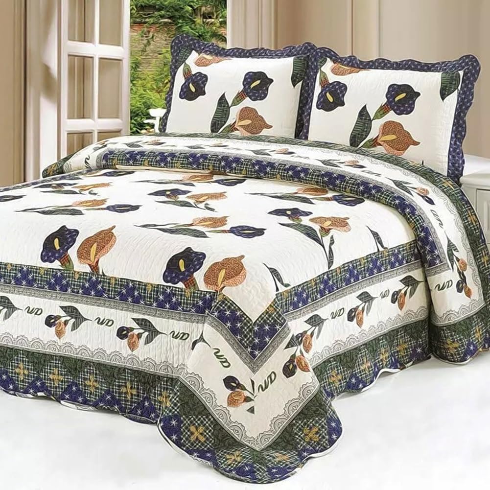 MiDuoHU Bedspread Quilted 230x250cm Lightweight Vintage Style Patchwork Quilts Coverlets Bed Throws with 2 Pillowcases for All Season(A03)