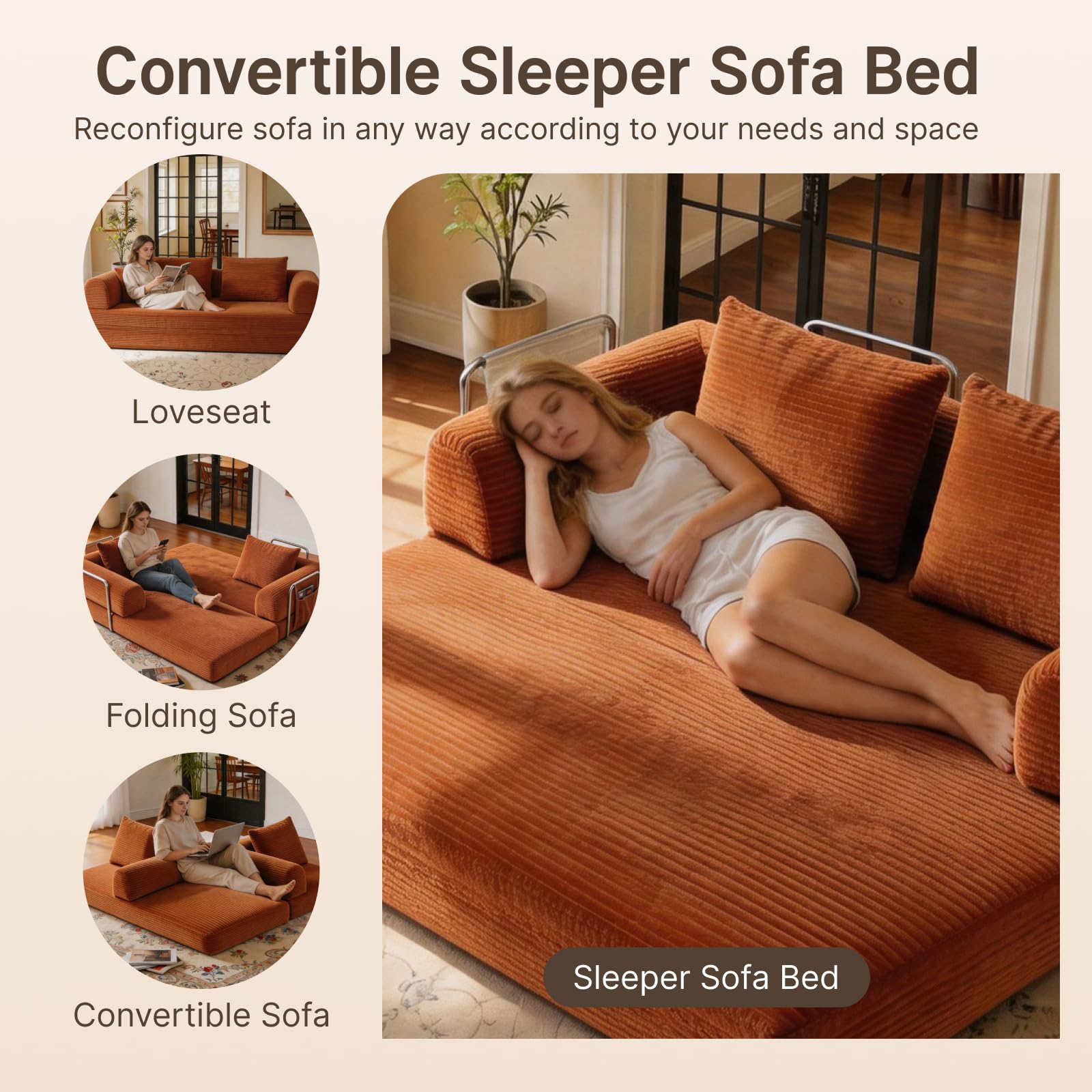 78" Convertible Sofa Bed, Corduroy Futon Couch with Storage Pocket, Boneless Pull Out Sleeper Sofa, Foldable Couch for Living Room Bedroom, No Assembly Space Saver, Orange
