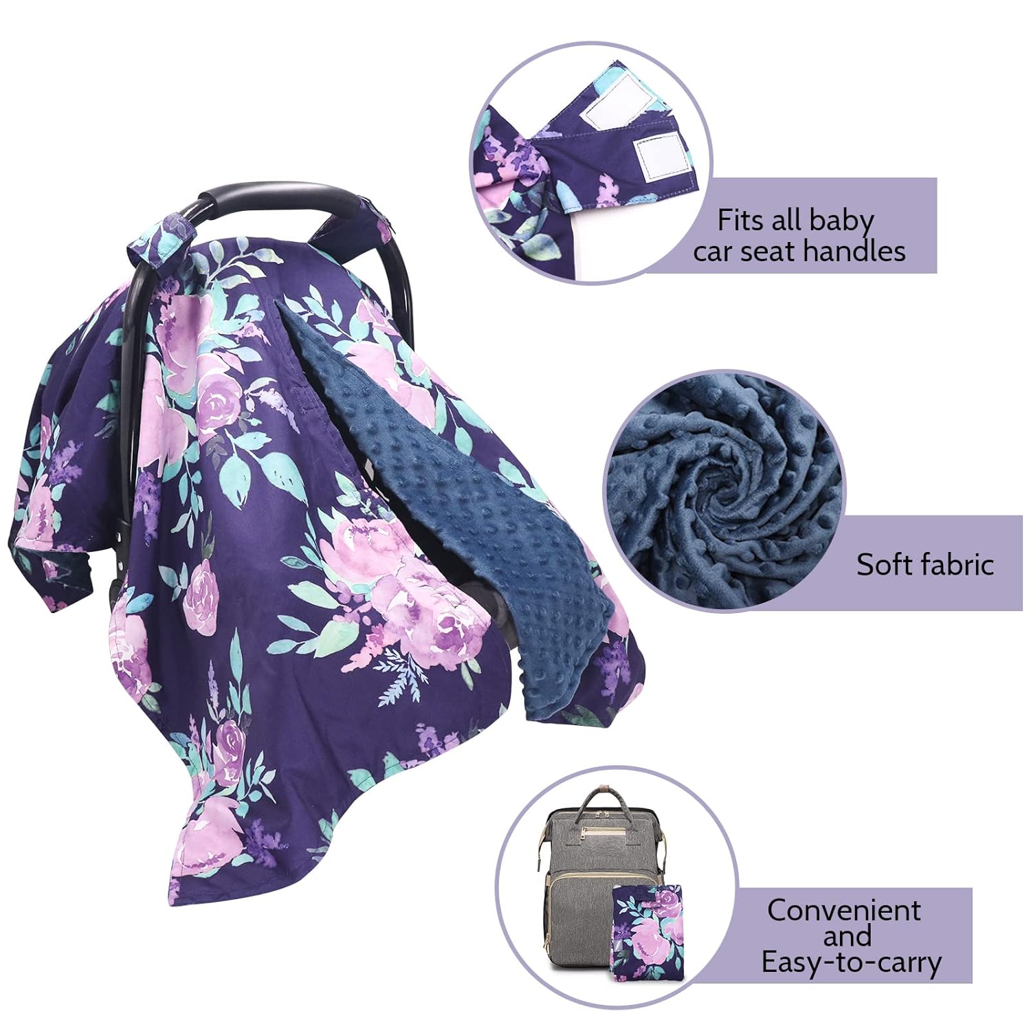 Peekaboo Opening Minky Carseat Canopy & Car Seat Head Support for Baby Girls, Infant Carseat Insert Super Soft Newborn Headrest, Purple Flower