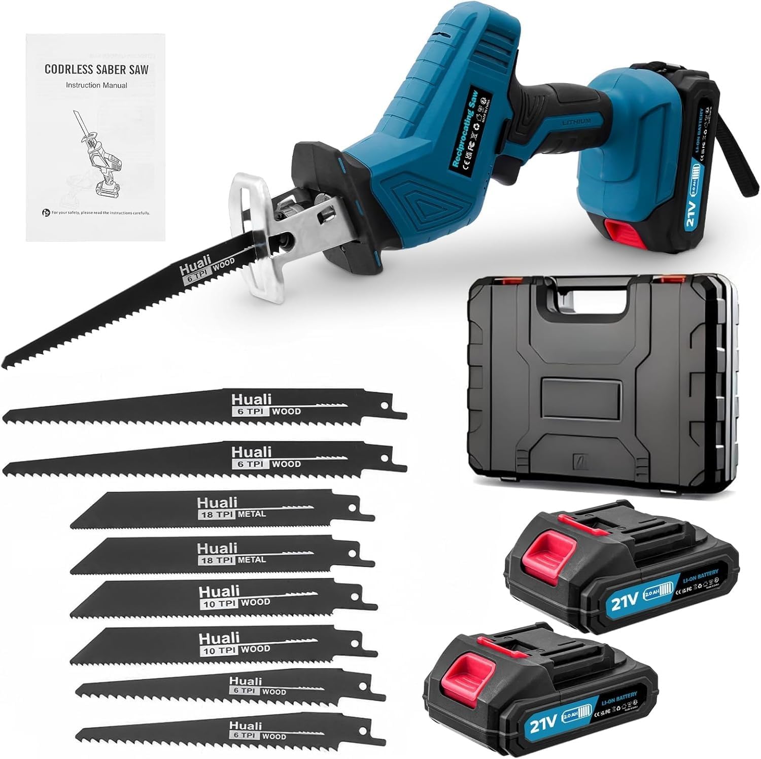 Papasbox Sierra sable inalámbrica 0-4000 rpm | Sierra recíproca con iluminación LED y 2 baterías de 2000 mAh, cargador rápido 21 V | Sierra universal con 8 hojas de sierra para madera, metal, PVC