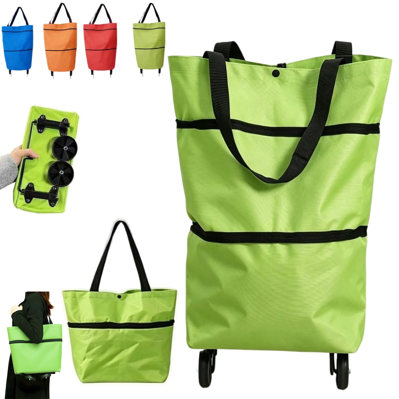 Foldable 2-in-1 Shopping Bag, 2 in 1 Lightweight Collapsible Shopping Cart, Folding Shopping Bag Cart, Wheels Reusable Shopping Bags Grocery Bags Shopping Travel Bag on Wheels 、Green
