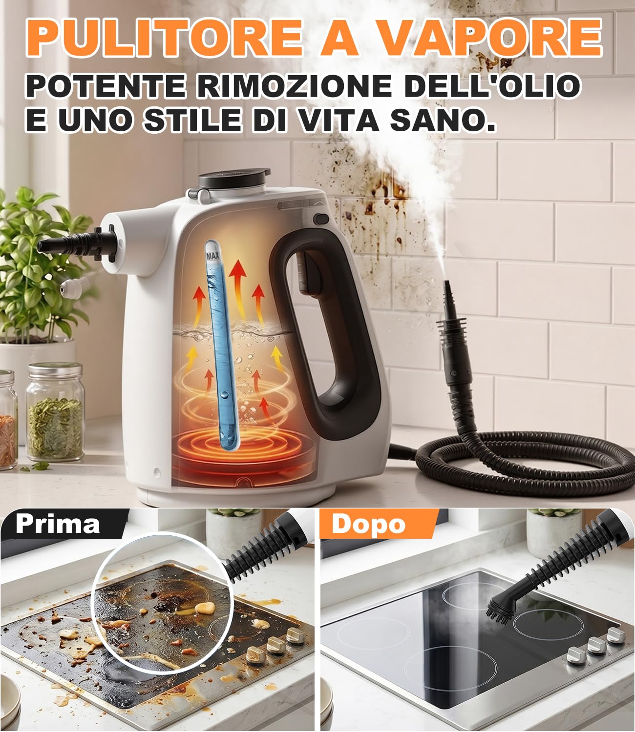 Pulitore a Vapore Portatile 1350W - Riscaldamento 15S, 3Bar, Steam Cleaner con 10 Accessori, Cavo da 3M, Serbatoio 550ML, Vapore a 16 Minuti, Ideale per Tappezzerie, Cucina e Auto