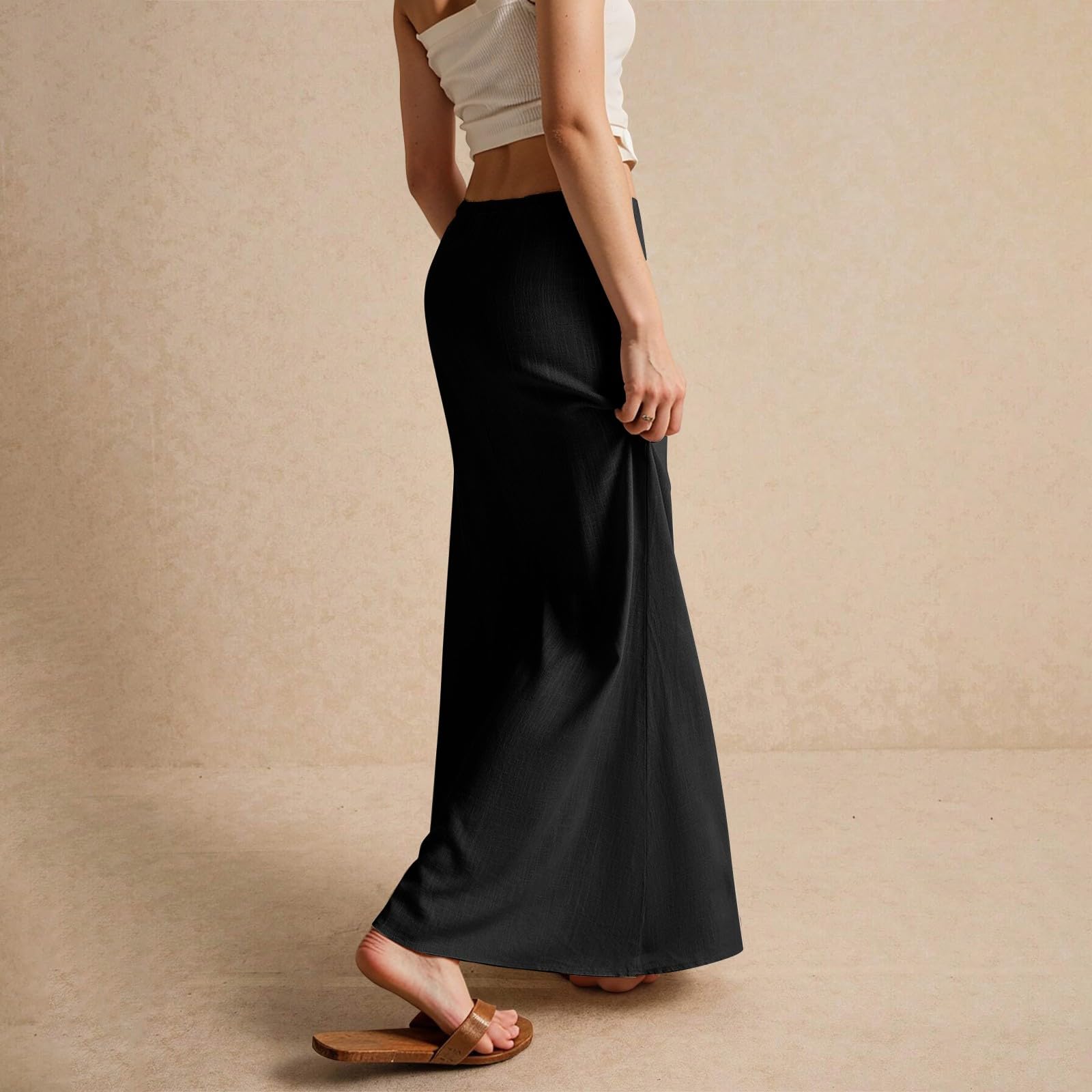Générique Jupe Longue Femme Été Bohème Coton Lin Plage Vacances Jupes Ankle Maxi Taille Haute Elastique Robe Longue Mi-Corps