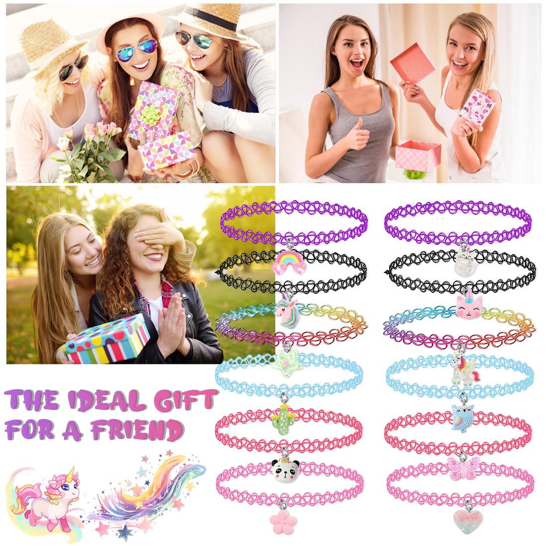 12 Pezzi Girocollo Set di collane per bambini adolescenti ragazze donne, Ciondolo Charm Unicorno Arcobaleno Panda Gatto Cuore Fiore Sirena Girocollo Tattoo Stretch Elastico Nero Rosa