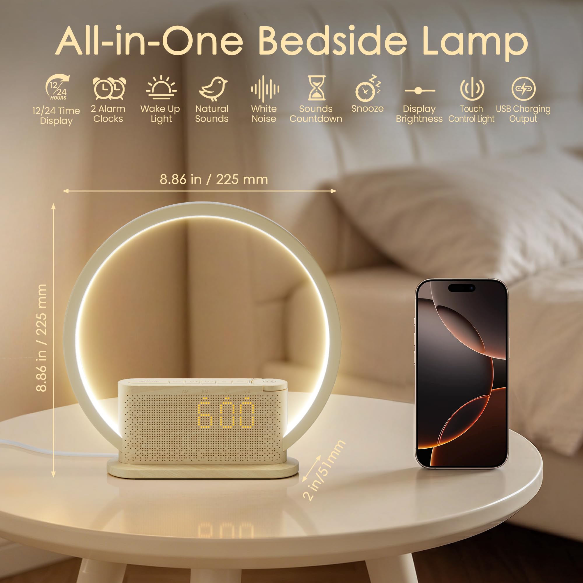 blonbar Reloj Despertador con Luz de Amanecer, 3 Niveles de Brillo, Doble Alarma con Despertador Suave, Sonidos Naturales Integrados, Salida USB, Función de Posponer 10 Minutos Lámpara de Cabecera par