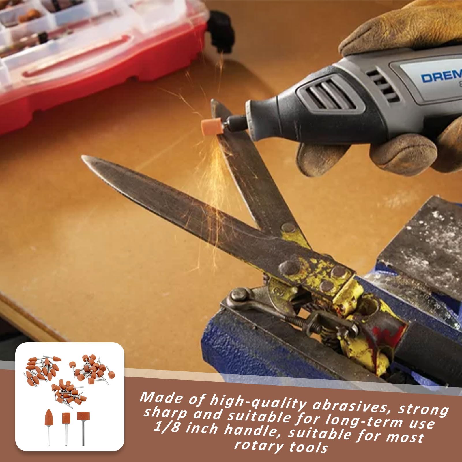 42 teste abrasive in corindone, testa per mola, perno rotante, tre tipi: cono, piccolo cilindro, grande cilindro, adatto per Dremel, pietre preziose, vetro, metallo, ecc