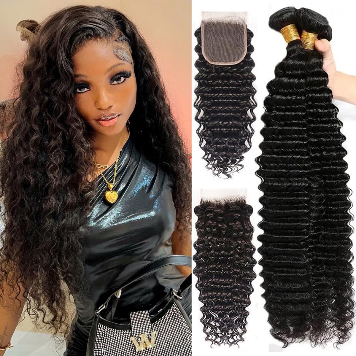 Deep Wave Bundles with Closure(22 24 26+18,Free Part)100% Unprocessed Virgin Remy Deep Wave Human Hair Weave Bundles Wet and Wavy Human Hair Bundles
