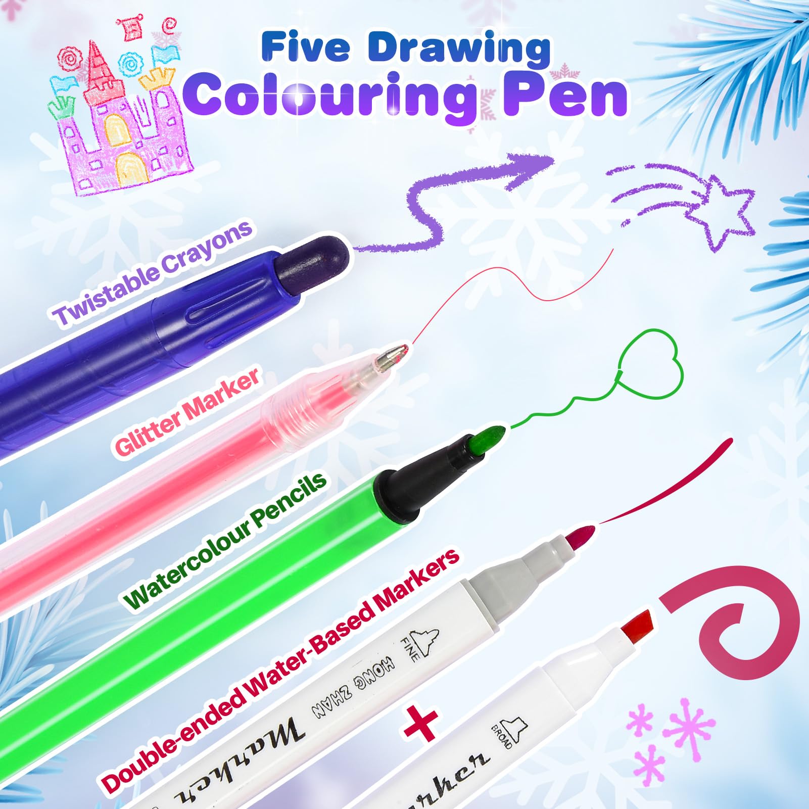 HappyGoLucky Valigetta Colori per Bambini Acquerelli Pastelli Pennarello, Regalo Bambina 3-10 Anni, Kit Disegno Colori per Bambini - Impermeabile e Facile da Pulire - Regali di Natale (Blu)