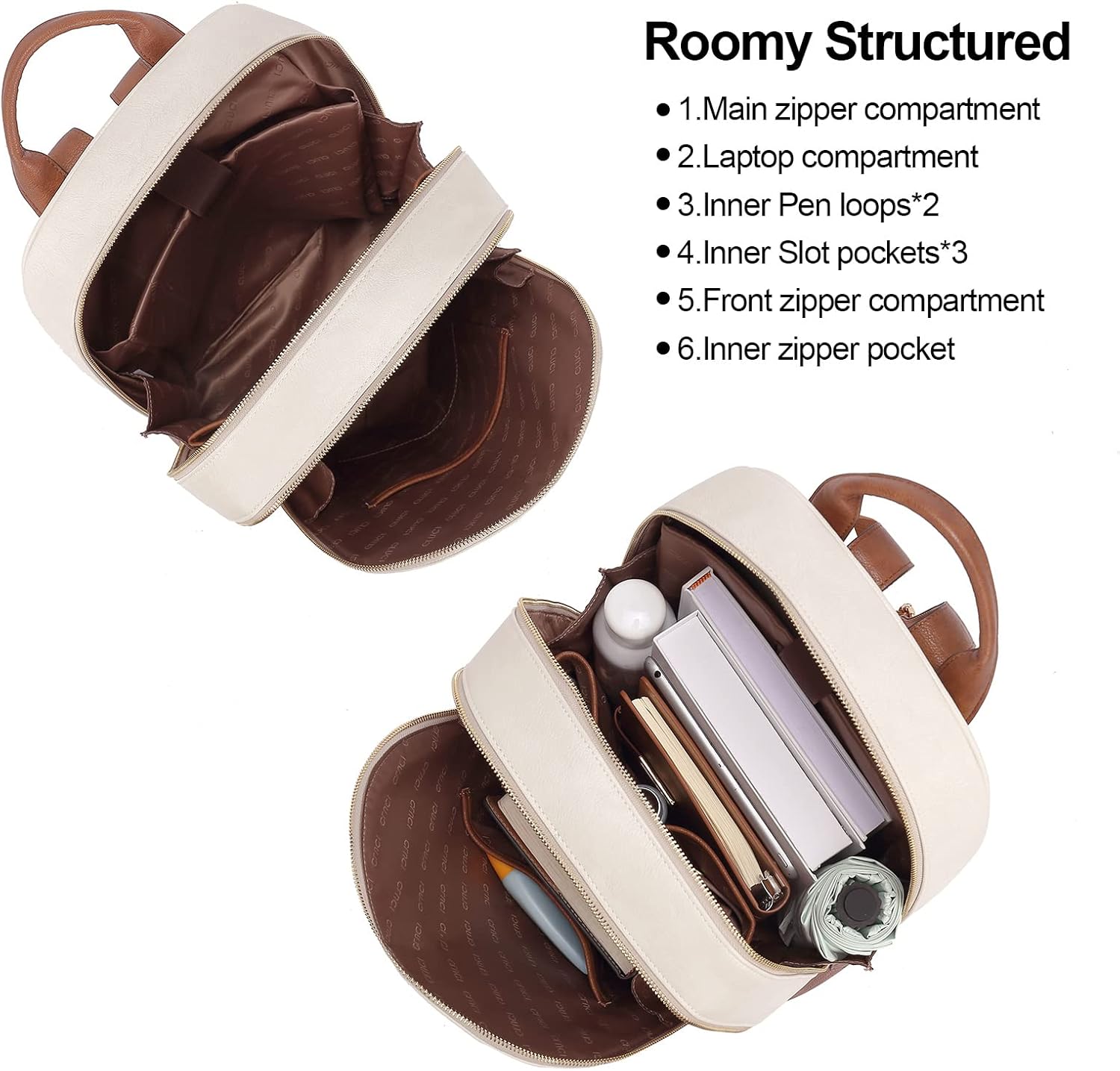 CLUCI Laptop Backpack for Women Leather 15.6 inch Computer Backpack Travel Vintage Large Bag Beige With Brown 2 - Image 3