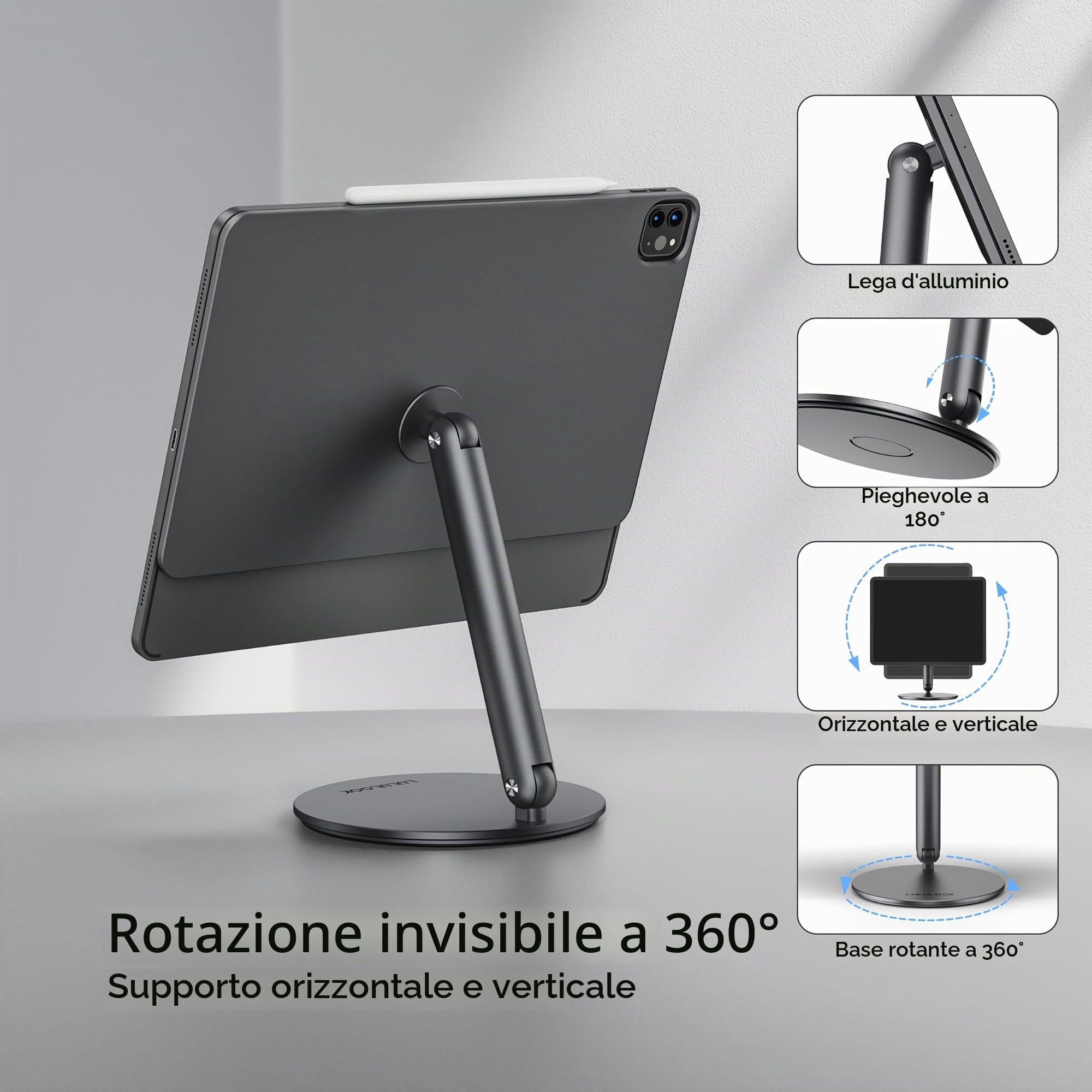 LULULOOK Supporto Magnetico per iPad Pro 13" M4 13" M5, Lega di Alluminio, Sospensione, Pieghevole e Regolabile, con Base Girevole a 360°, Supporto Ipad, Supporto Tablet per Ufficio (Grigio)