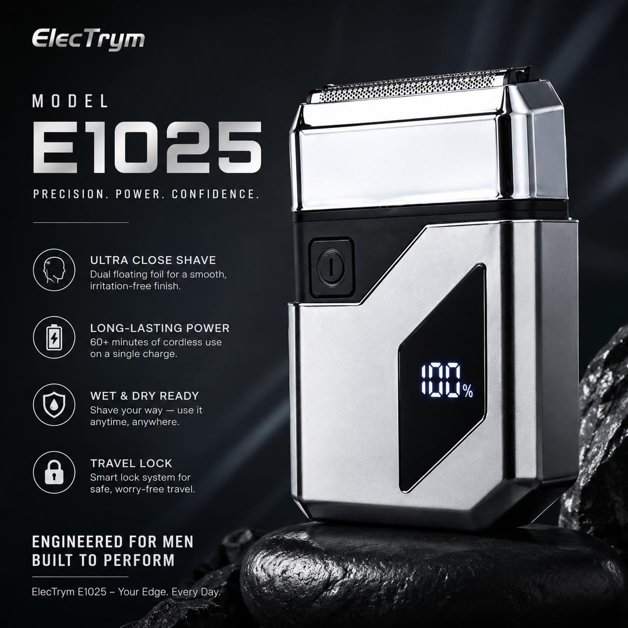 E1025 Triple Foil Head Compact Wet / Dry rasoio ricaricabile per gli uomini | Rasoio elettrico senza fili con display a batteria a LED, ricarica USB-C, 3 testine galleggianti per una rasatura ravvicinata