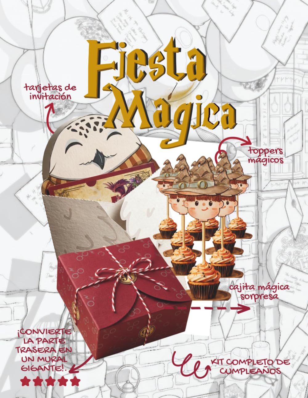 KIT DE CUMPLEAÑOS RECORTABLES: Incluye el diseño de 30 Invitaciones de Búho, 30 Cajitas de Regalo y Toppers para recortar en familia y armar el kit mágico completo
