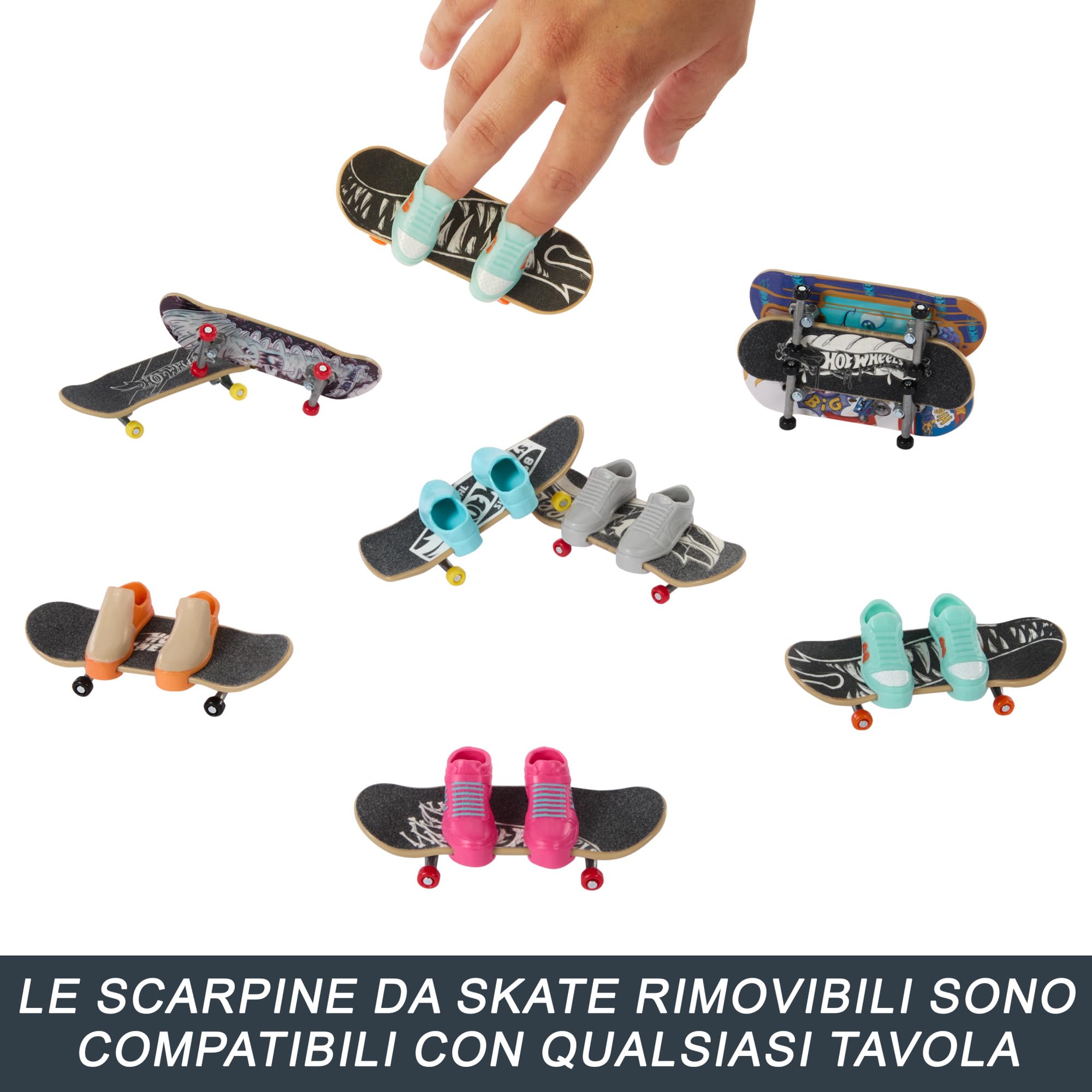 Hot Wheels Skate - Set da 10 fingerboard, include anche 5 paia di scarpine da skate rimovibili, grafiche dettagliate a tema, giocattolo per bambini, 5+ anni, HTP59