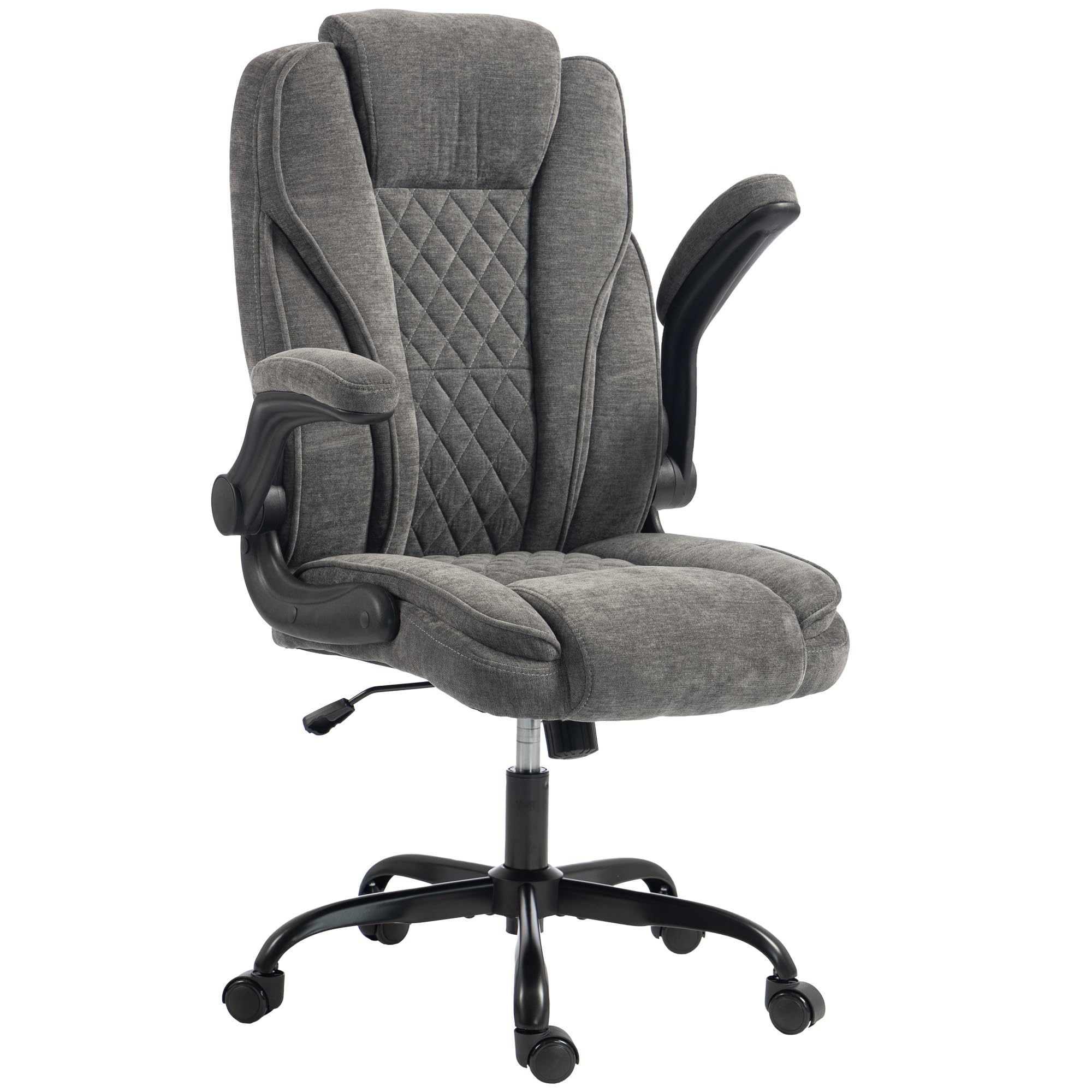 HOMCOM Office Chair, Ergonomic Executive Desk Chair with Padded Flip-up Armrest, Pocket Springs, Swivel Wheels, Multiple Angle Rocking, Adjustable Height, Diamond Fabric for Home Office, Dark Grey