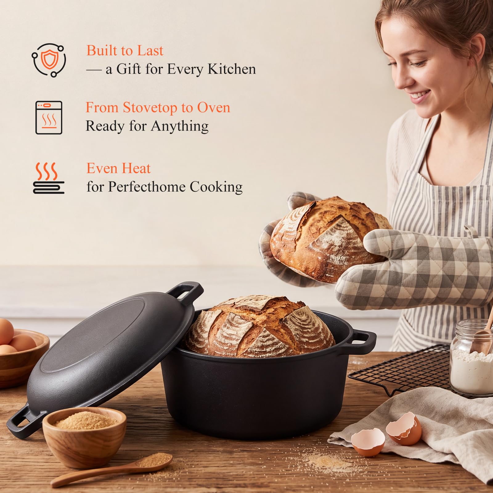 GFTIME Olla de hierro fundido de 26 cm para hornear pan, incluye 2 en 1, sartén con tapa de sartén, olla ideal para pan, pan fermentado, accesorios para hornear pan tostado