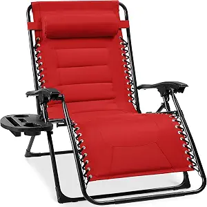 Best Choice Products Oversized Padded Zero Gravity Chair, Folding Outdoor Patio Recliner with Headrest, Cup Holder, Side Tray, Polyester Mesh - Crimson Red
