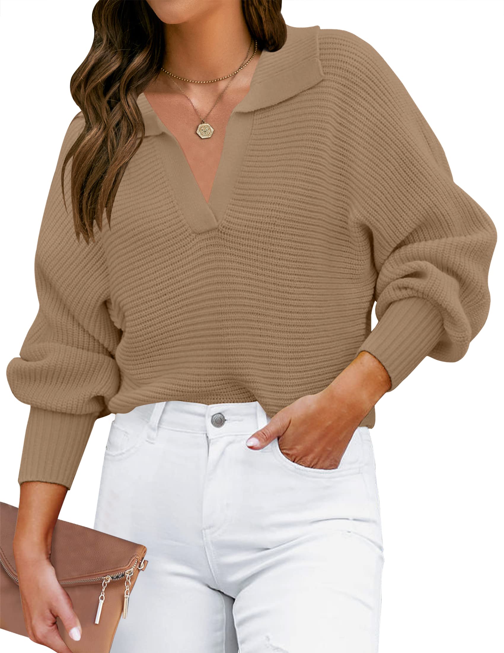 ZESICAWomen's 2023 Fall Lapel Collar V Neck Long Sleeve Ribbed Knit Comfy Loose Casual Pullover Sweater Jumper Top