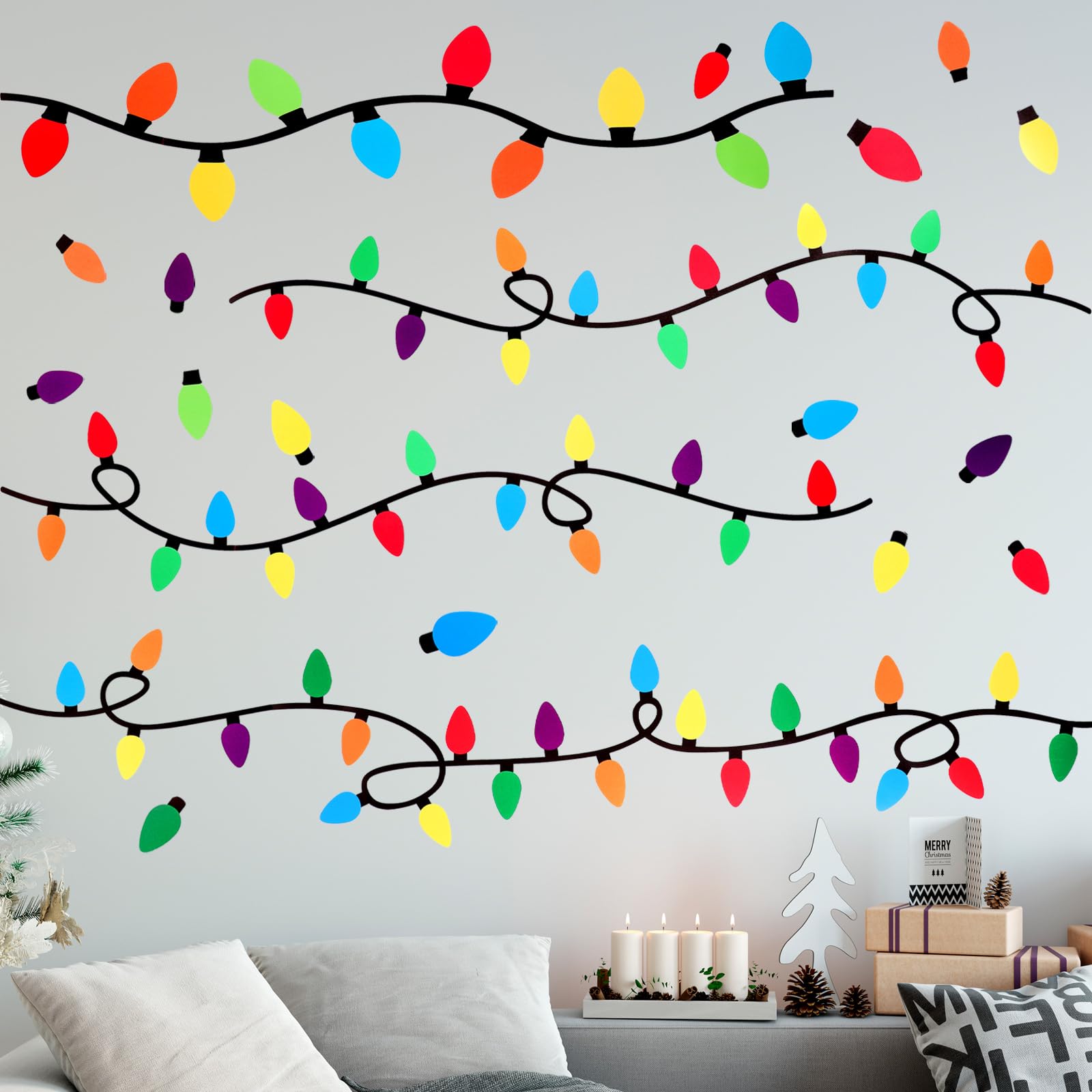 Décalcomanies murales de Noël Cholemy : 4 feuilles d'ampoules colorées pour fenêtres, 38x66 cm