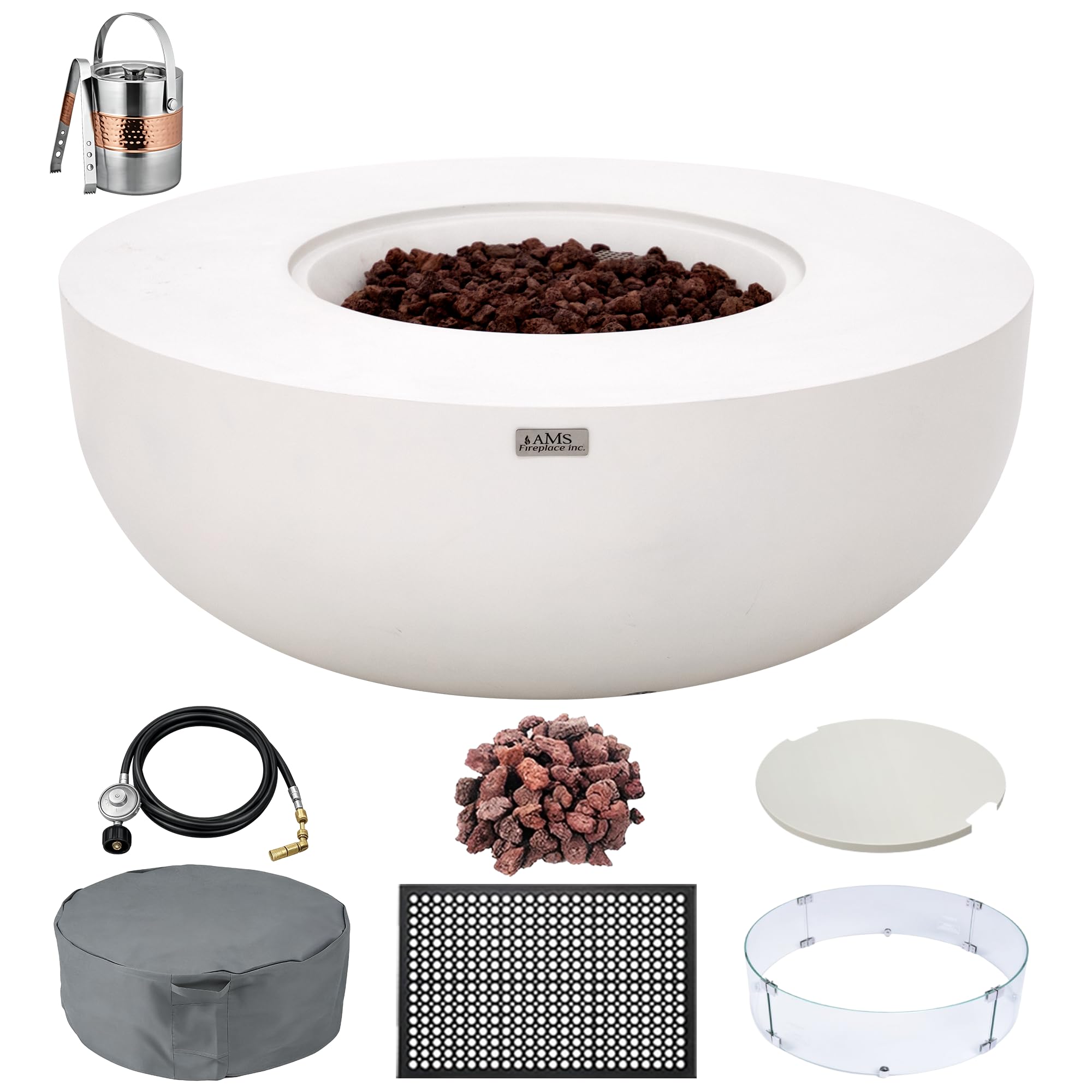 AMS 44" Round Concrete Natural Gas Fire Pit Table Bowl Bundle (Cream White)